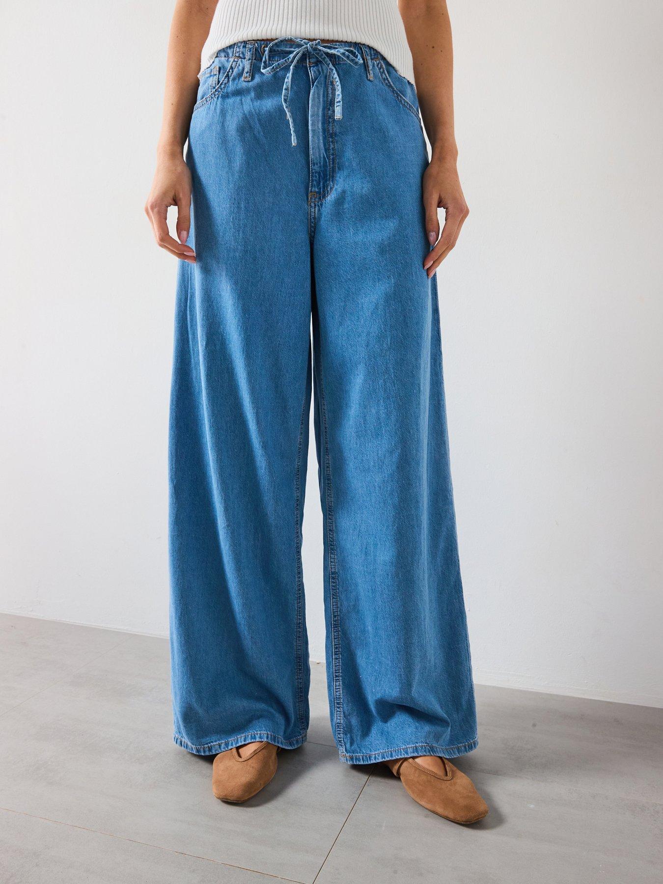 Image 1 of 6 of Mango Wide Leg Denim Trousers With Belt - Blue