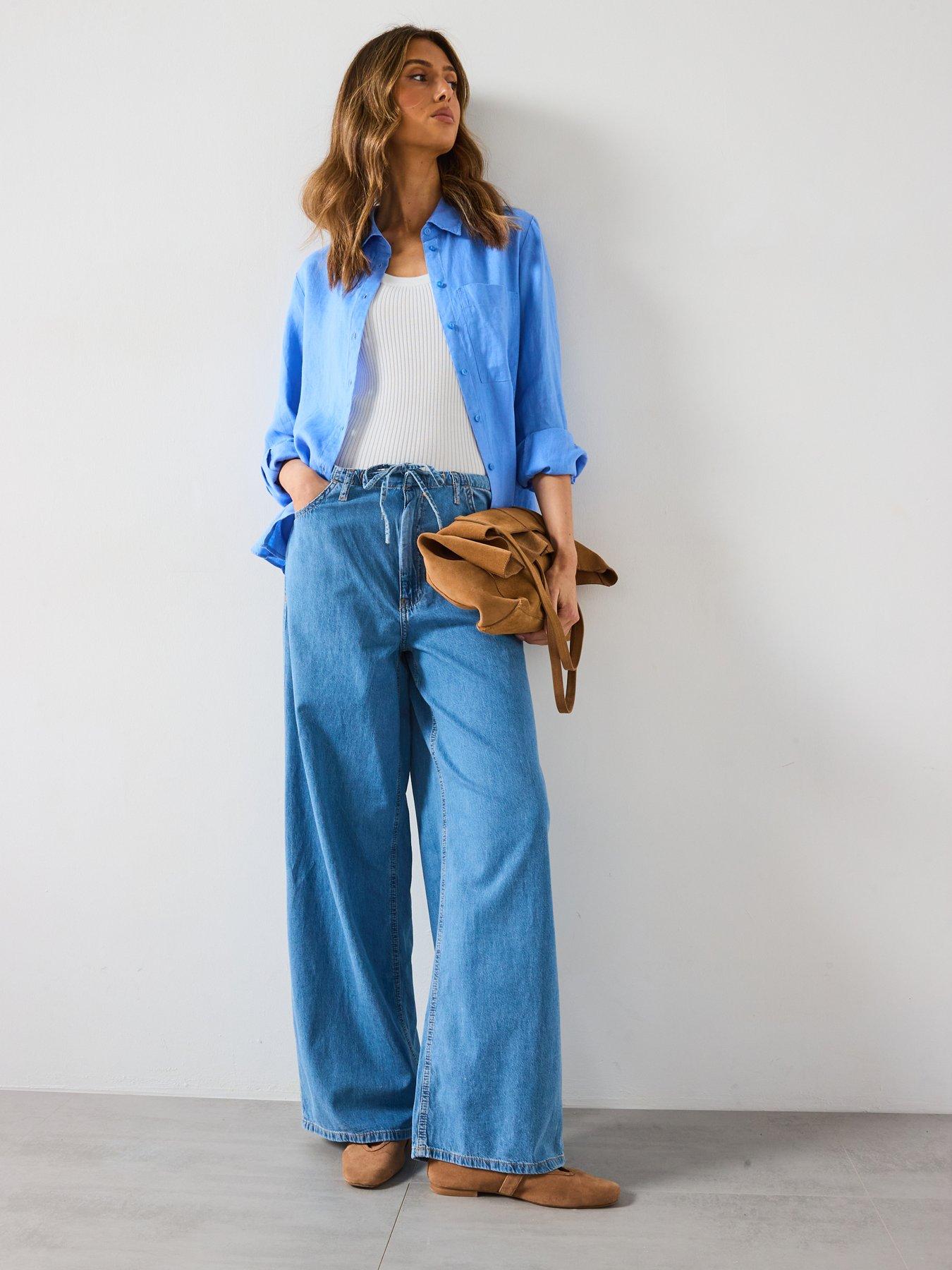 Image 3 of 6 of Mango Wide Leg Denim Trousers With Belt - Blue