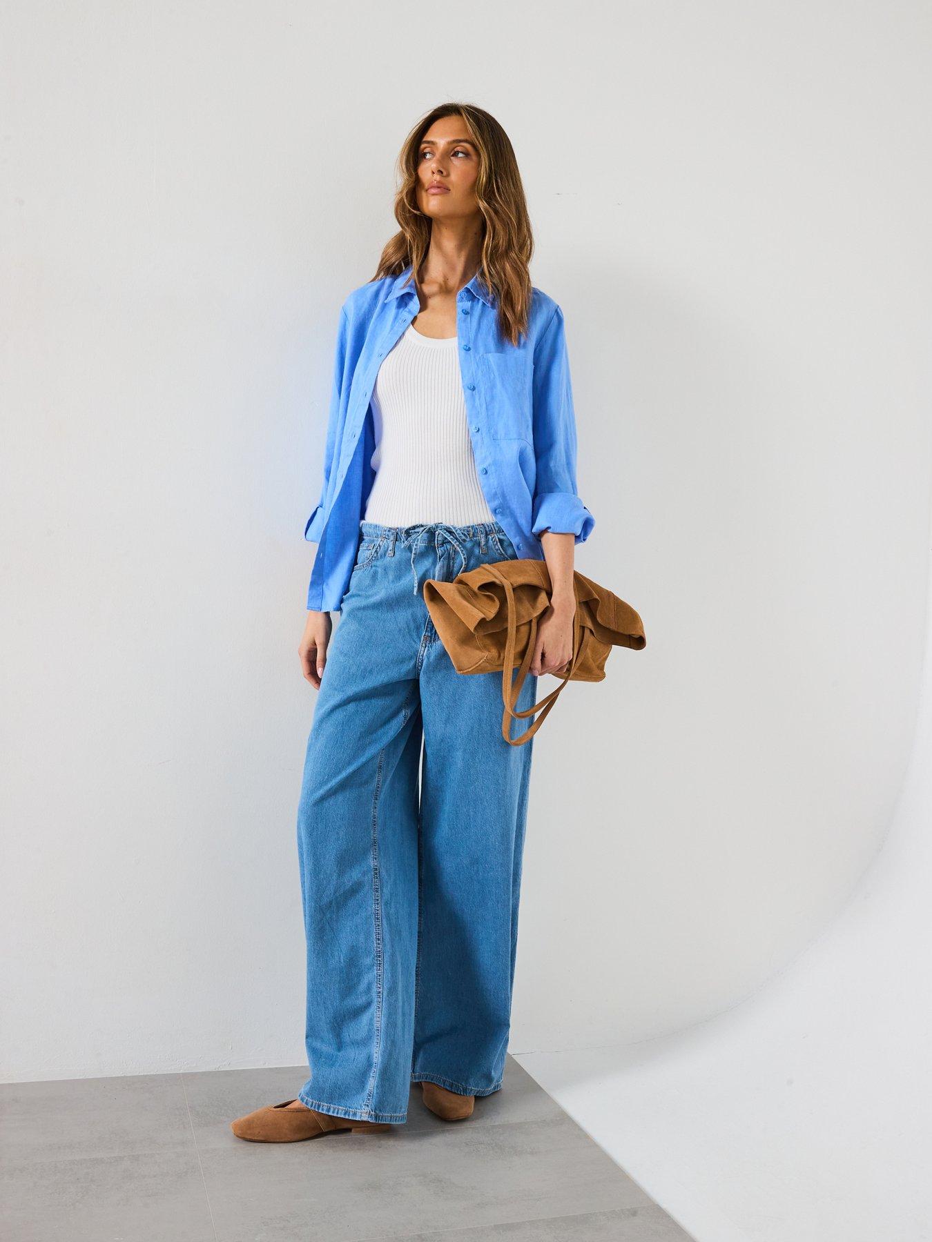 Image 6 of 6 of Mango Wide Leg Denim Trousers With Belt - Blue
