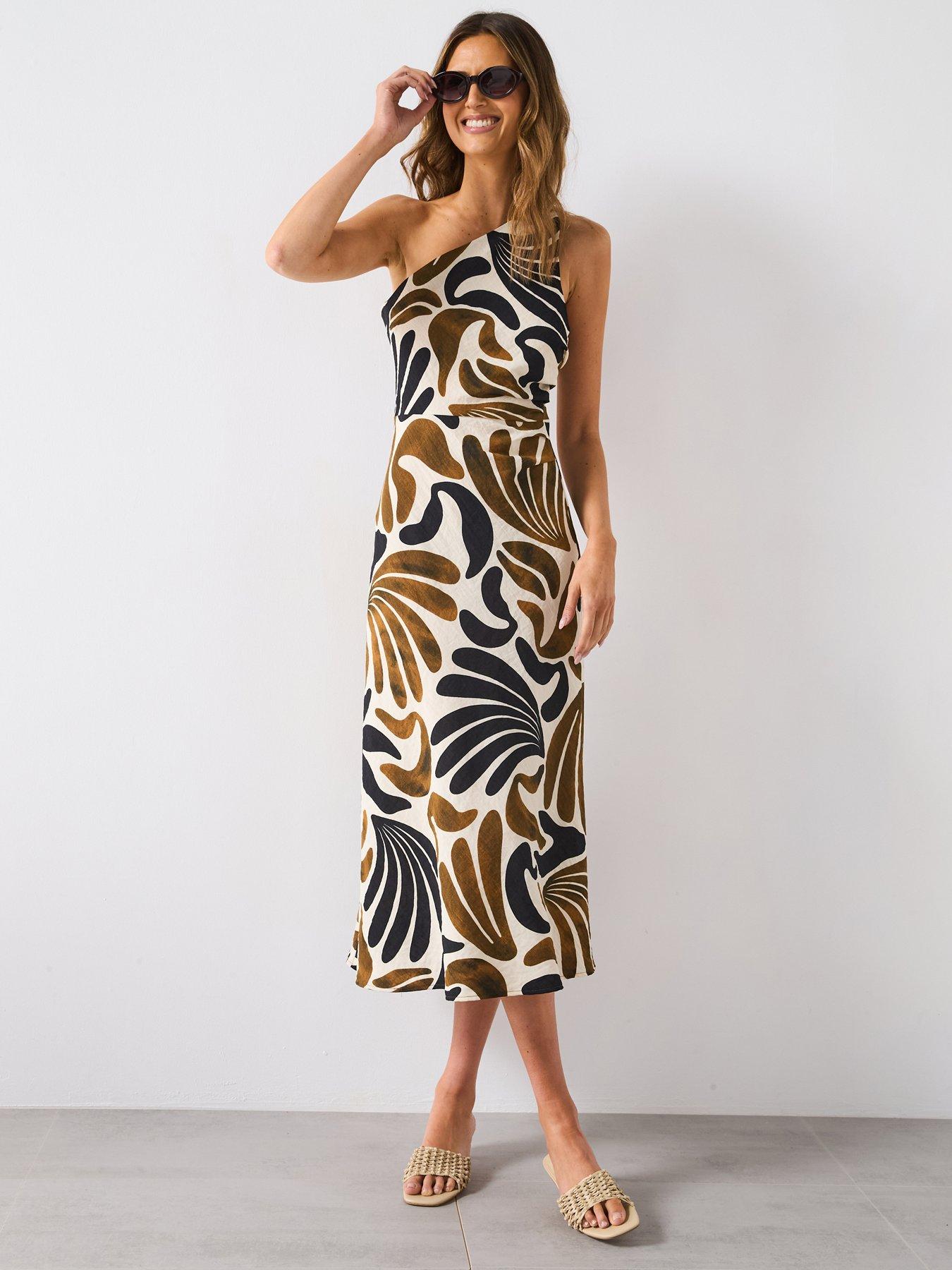 Image 1 of 6 of Mango Abstract Leaf Print One Shoulder Asymmetrical Dress - Brown