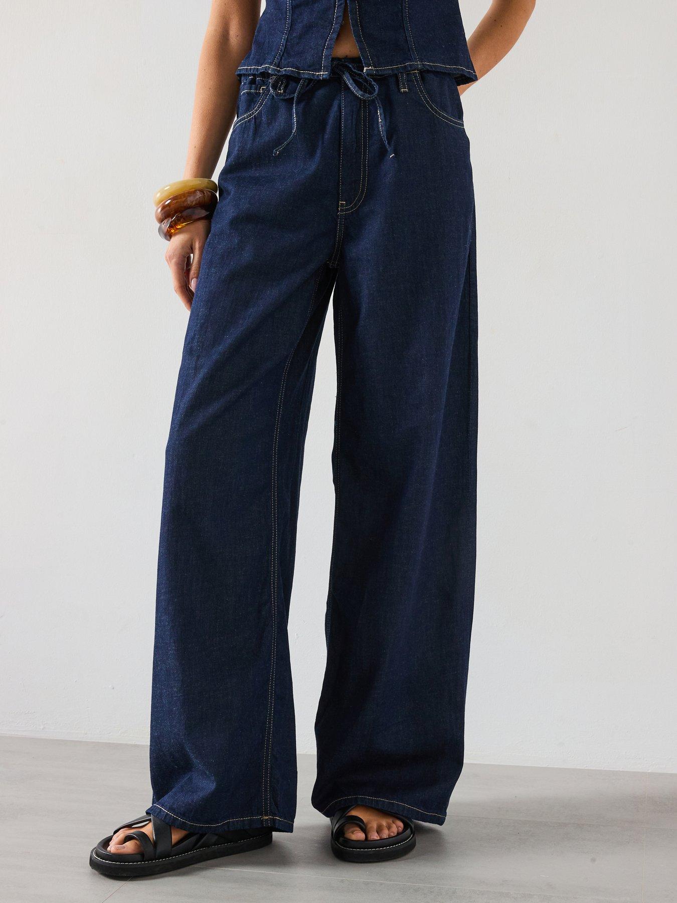 Image of Mango Wideleg Denim Trousers With Belt - Blue