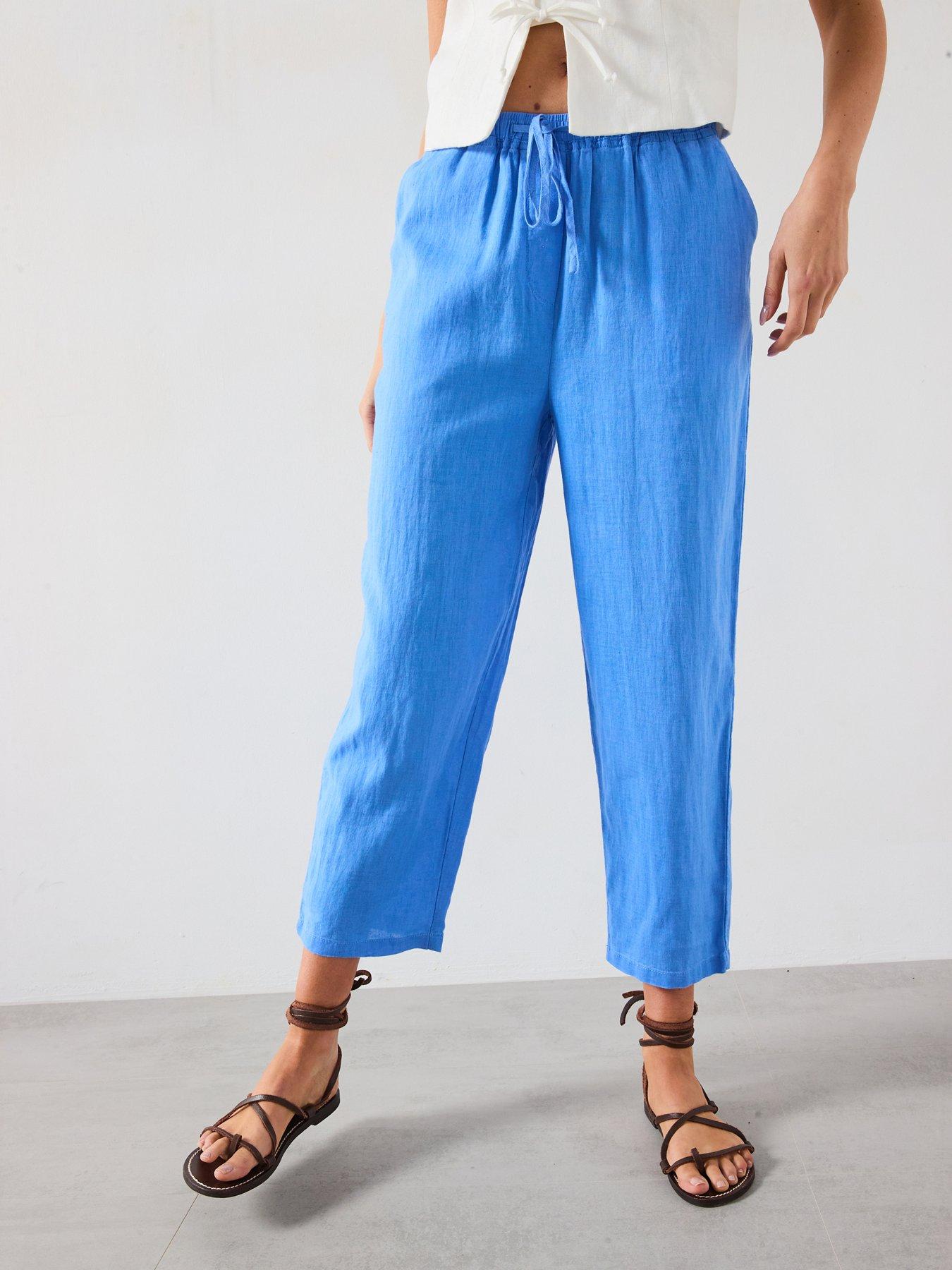 Mango Straight Linen-Blend Trousers - Blue