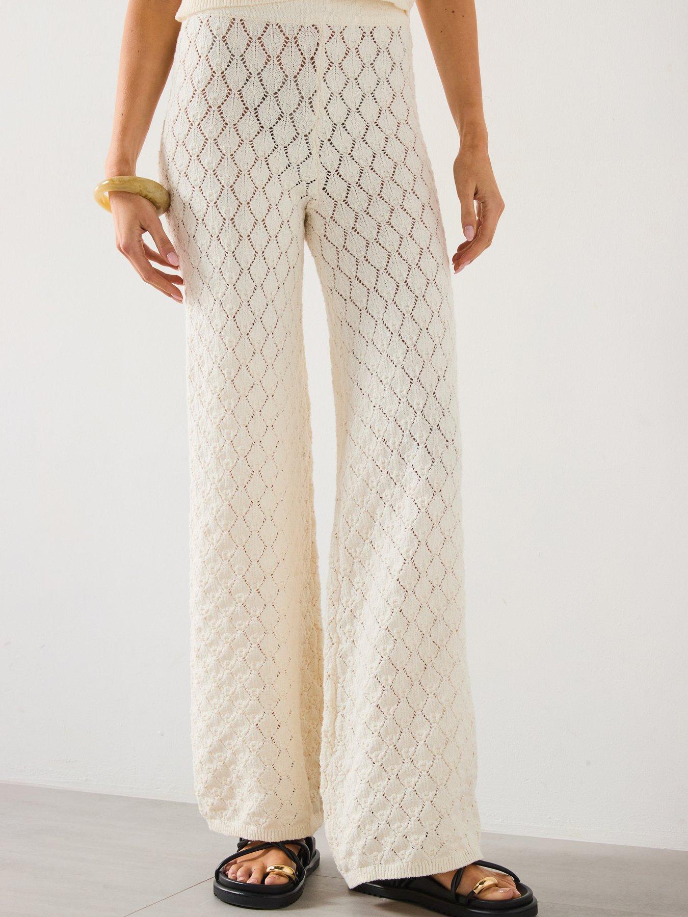 Image 1 of 6 of Mango Straight-fit Openwork Knitted Trousers - Cream