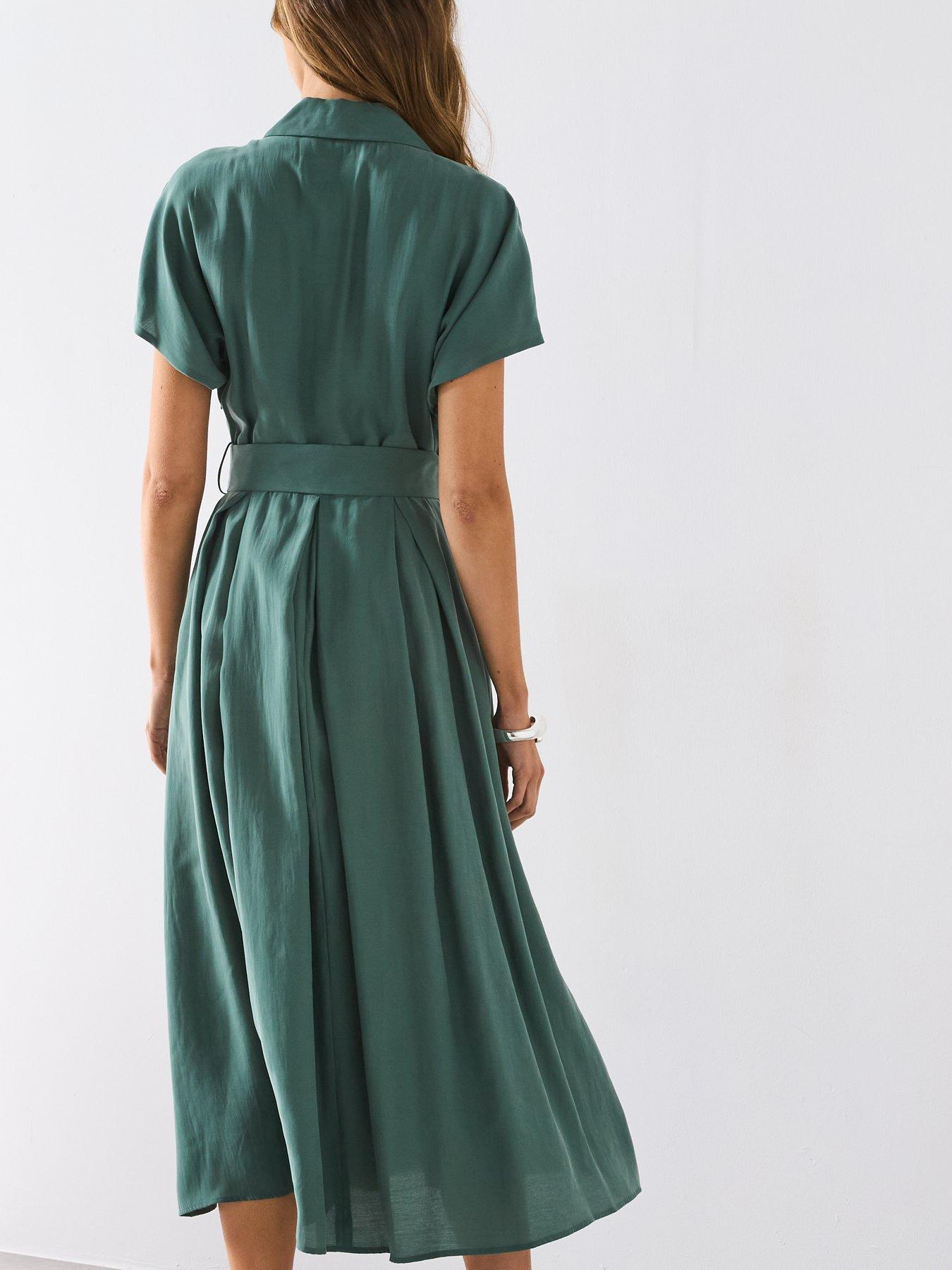 Image 6 of 6 of Mango Flared Midi-Dress With Belt - Green