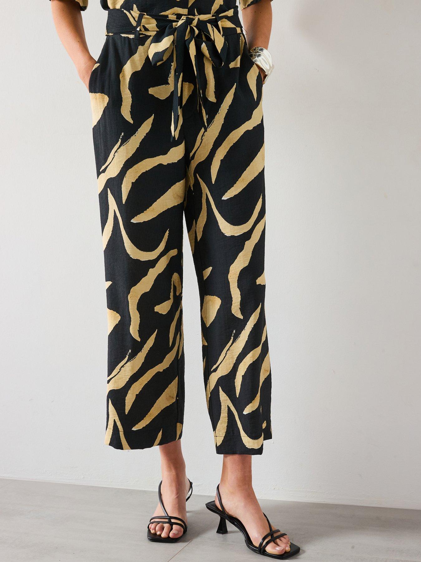 Image of Mango Printed Straight-Fit Trousers With Belt - Black