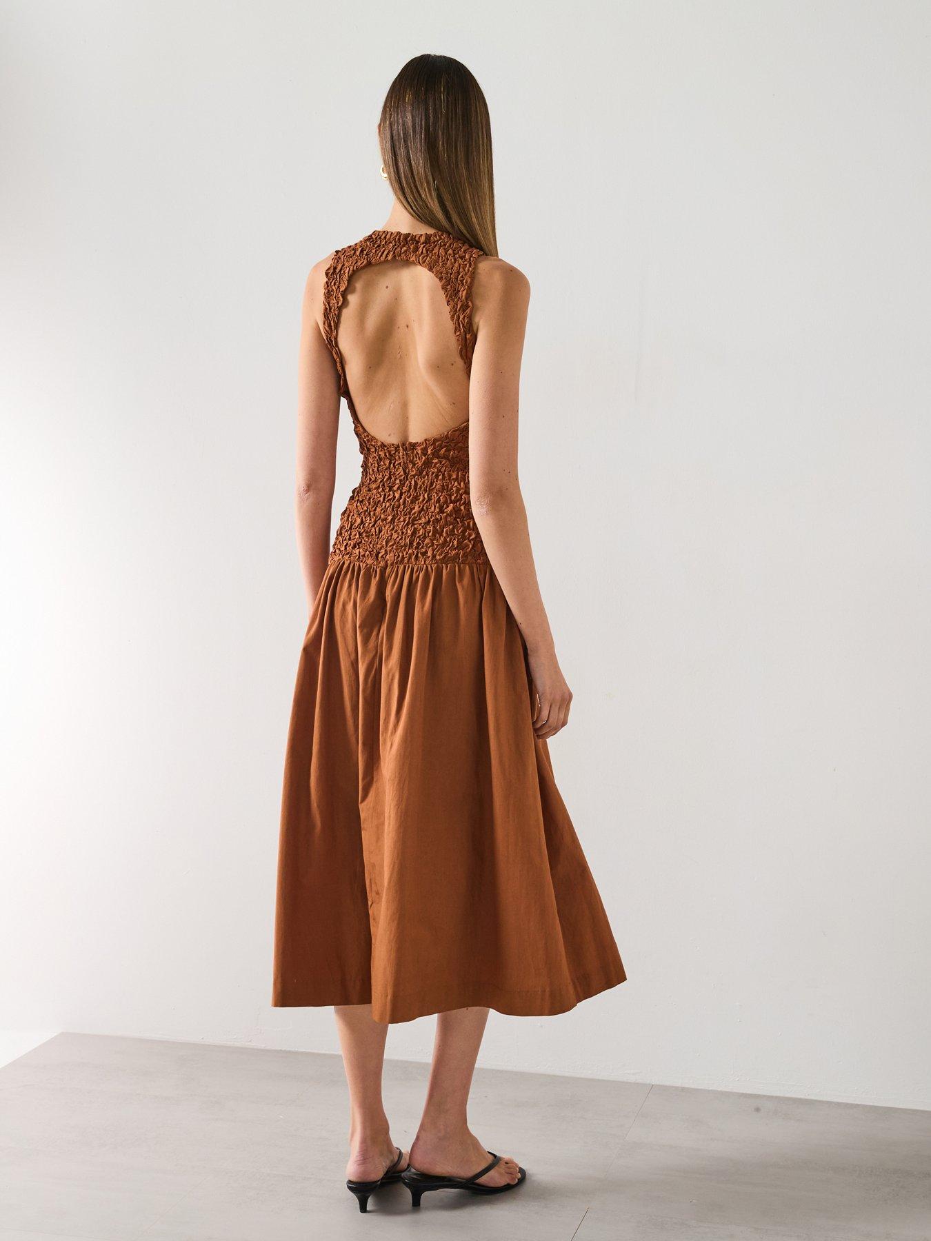 Image 2 of 6 of Mango Combined Open Back Textured Dress - Brown