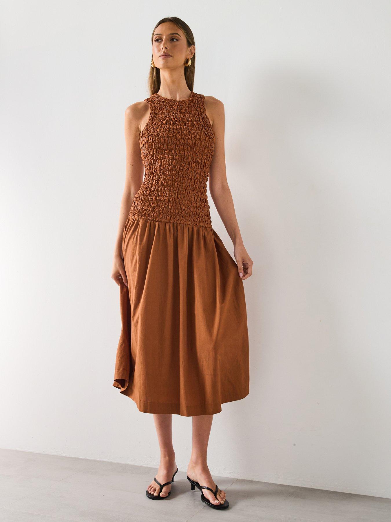 Image 3 of 6 of Mango Combined Open Back Textured Dress - Brown