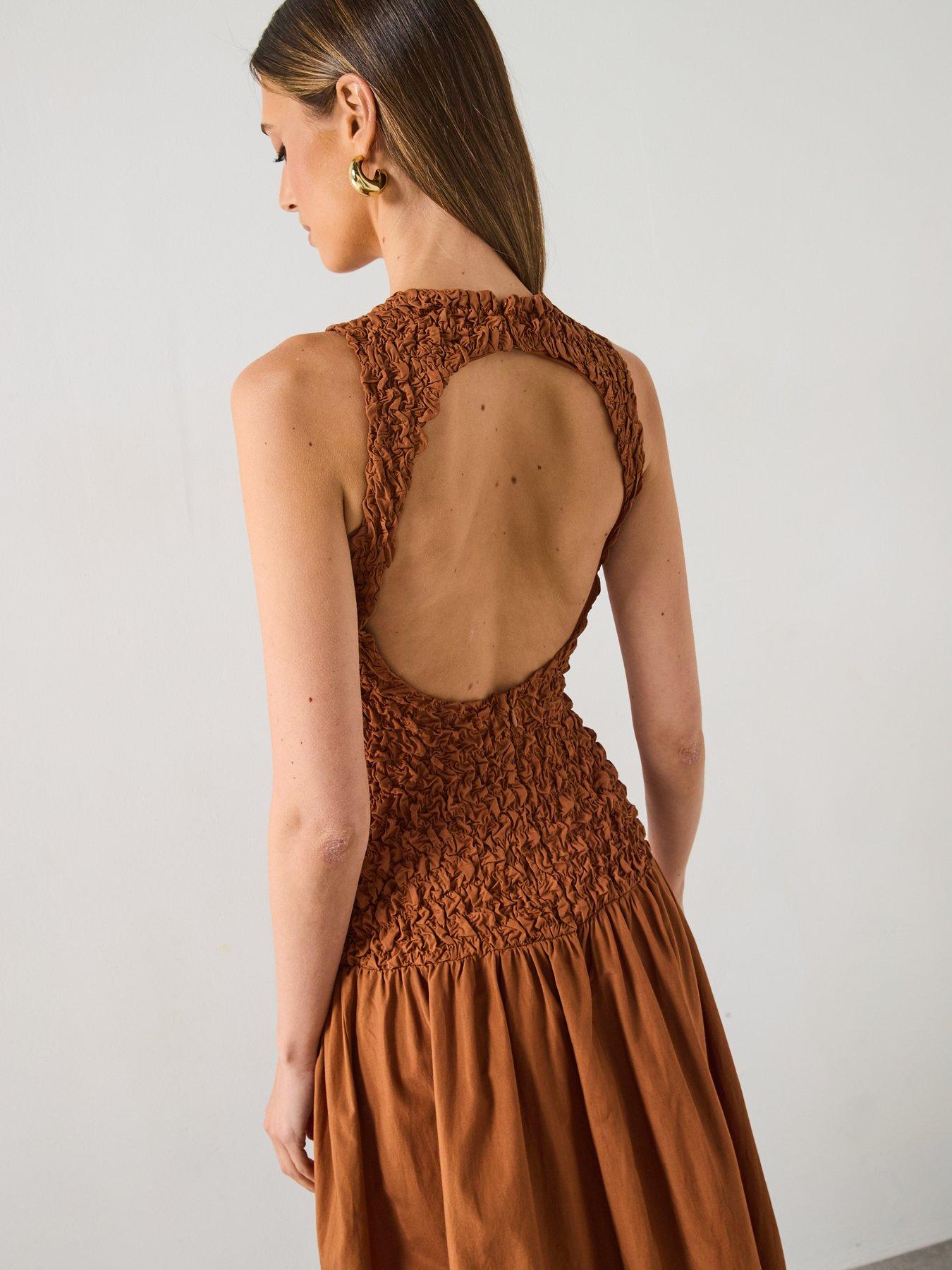Image 6 of 6 of Mango Combined Open Back Textured Dress - Brown