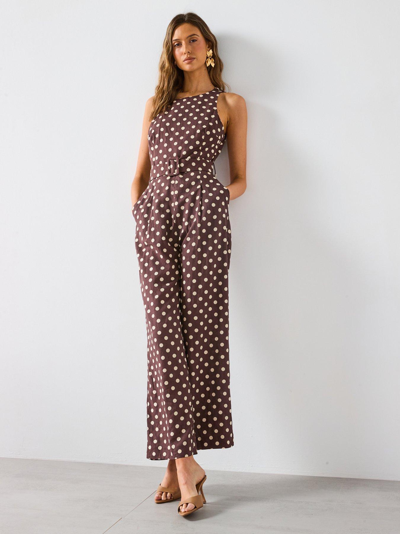 Image 1 of 6 of Mango Belted Linen Jumpsuit With Polka Dots - Brown