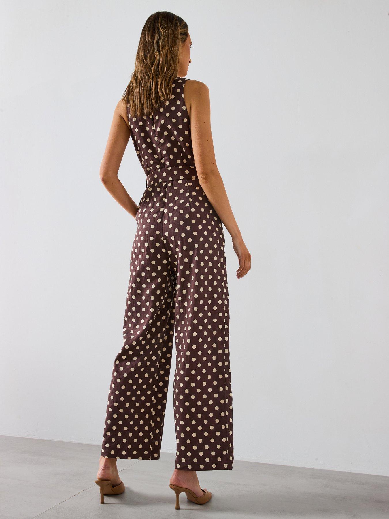 Image 2 of 6 of Mango Belted Linen Jumpsuit With Polka Dots - Brown