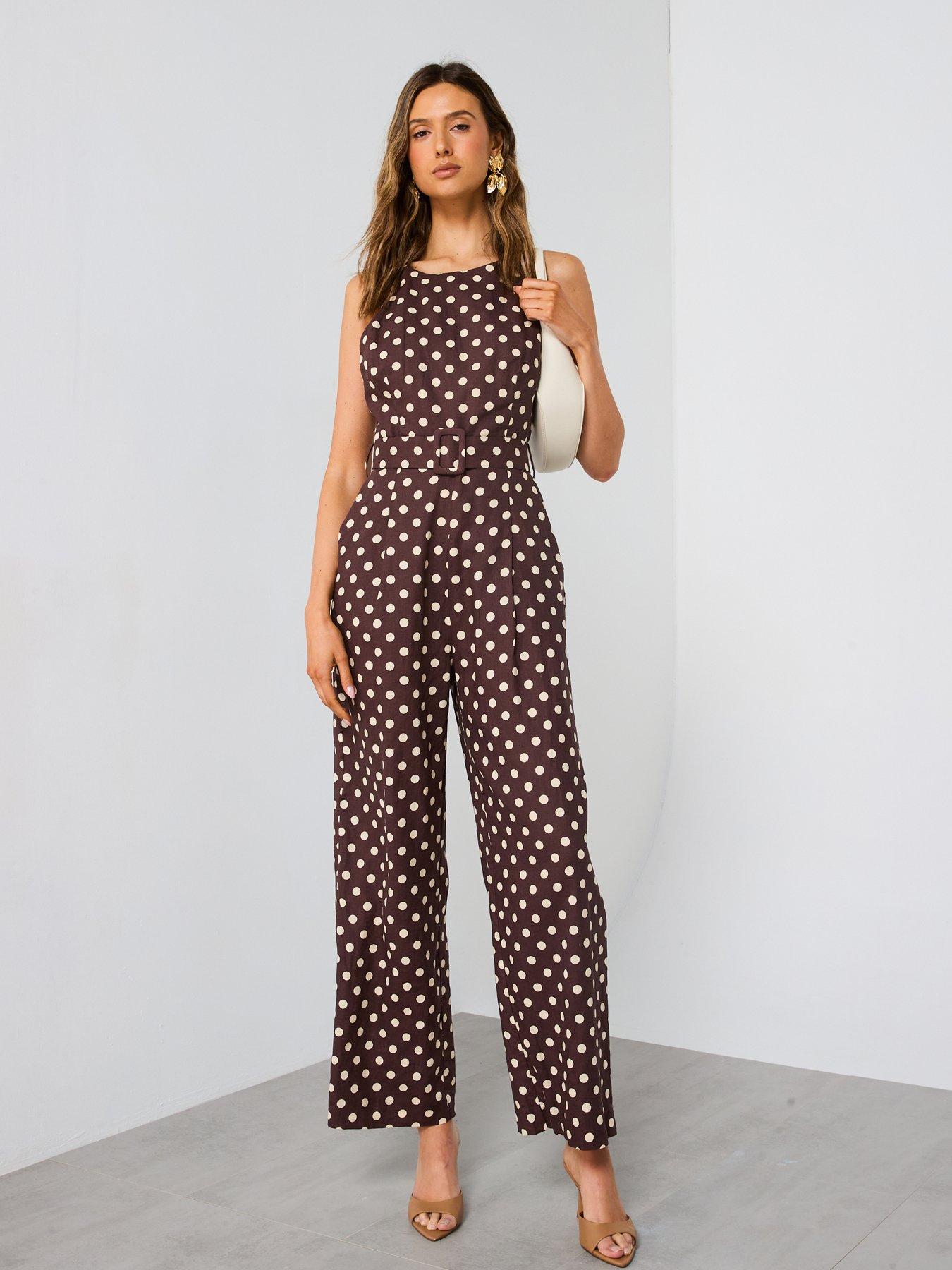 Image 3 of 6 of Mango Belted Linen Jumpsuit With Polka Dots - Brown