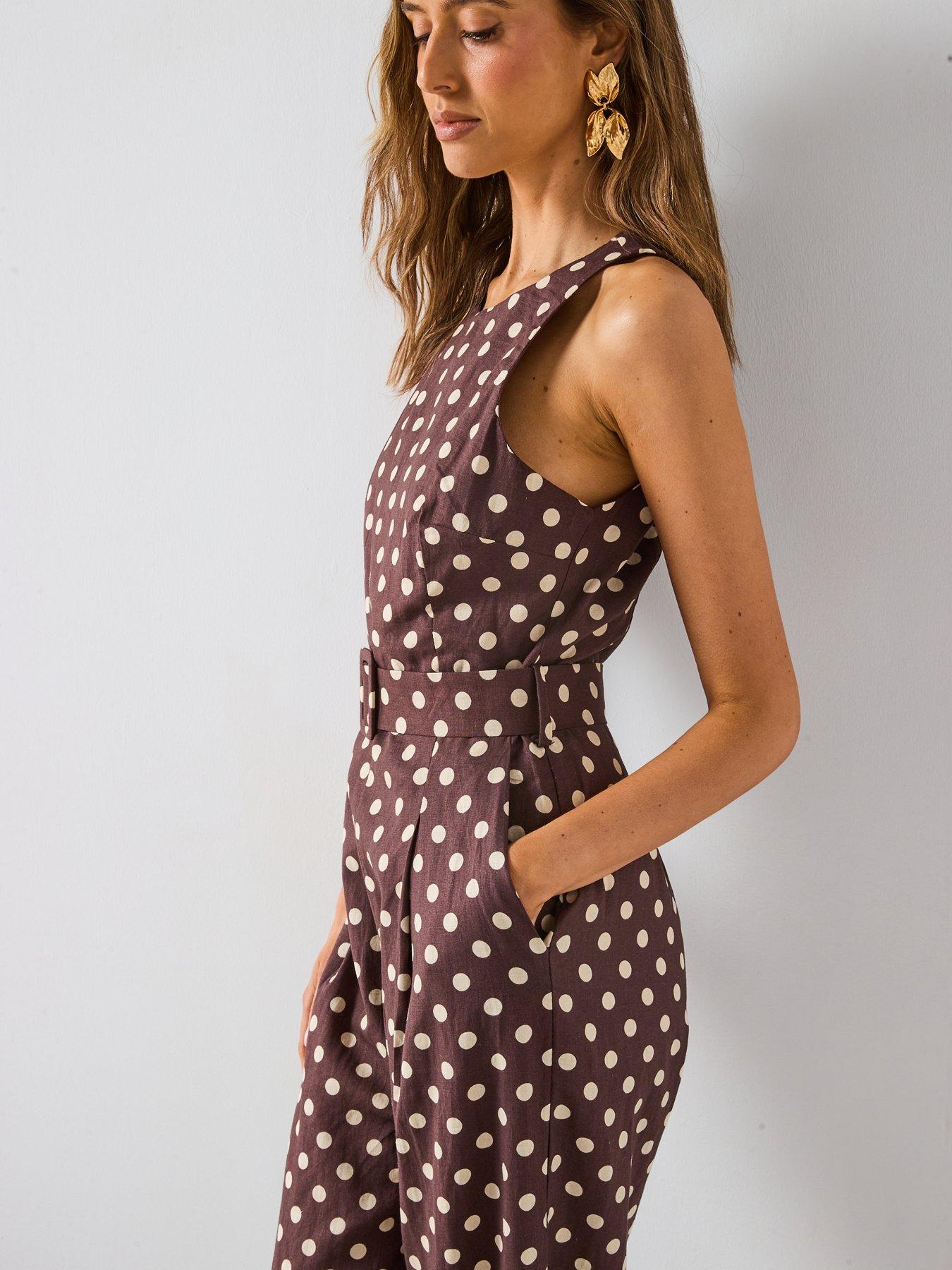 Image 5 of 6 of Mango Belted Linen Jumpsuit With Polka Dots - Brown