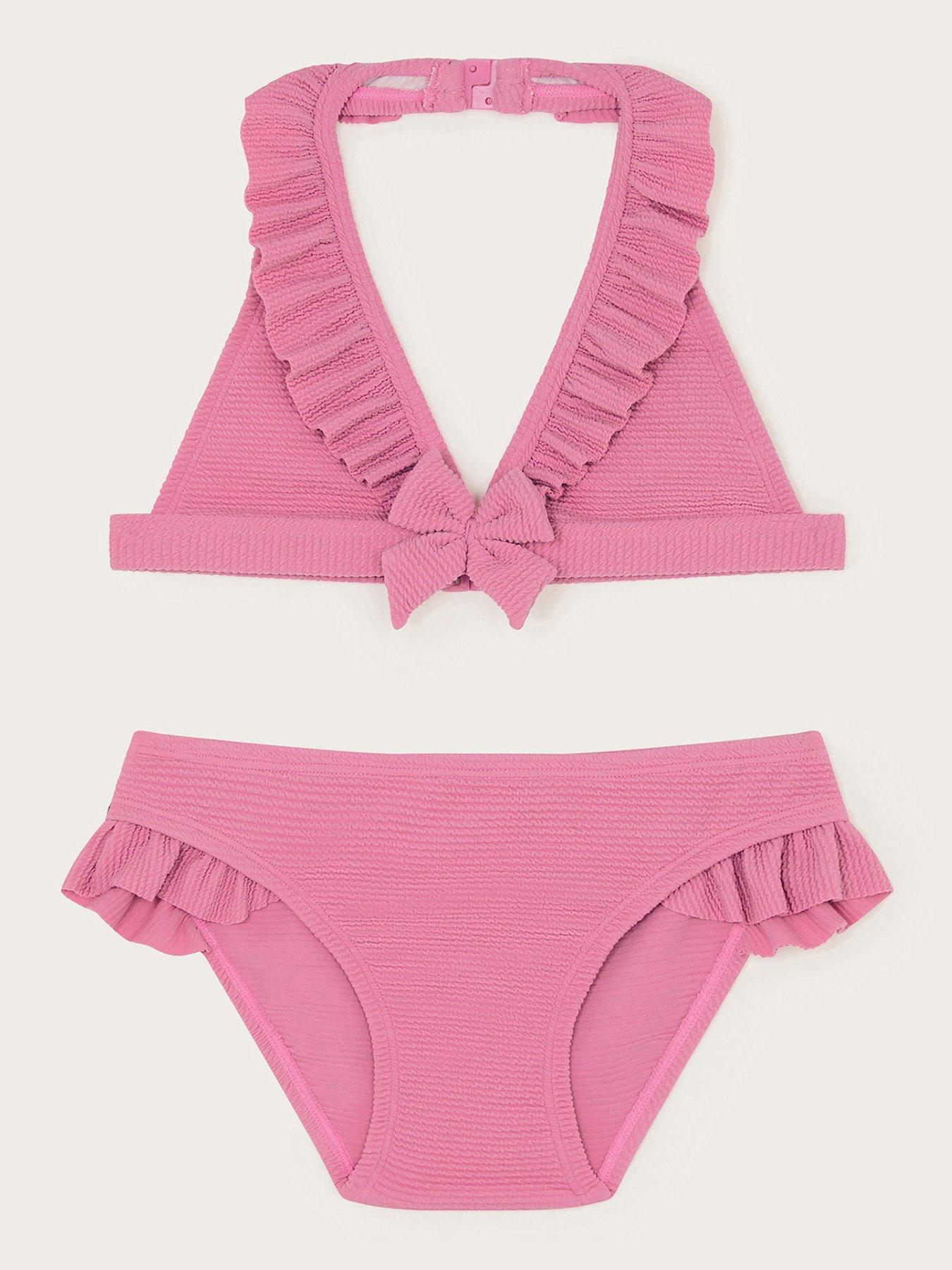 undefined Girls Seersucker Bow Ruffle Bikini Set - Pink