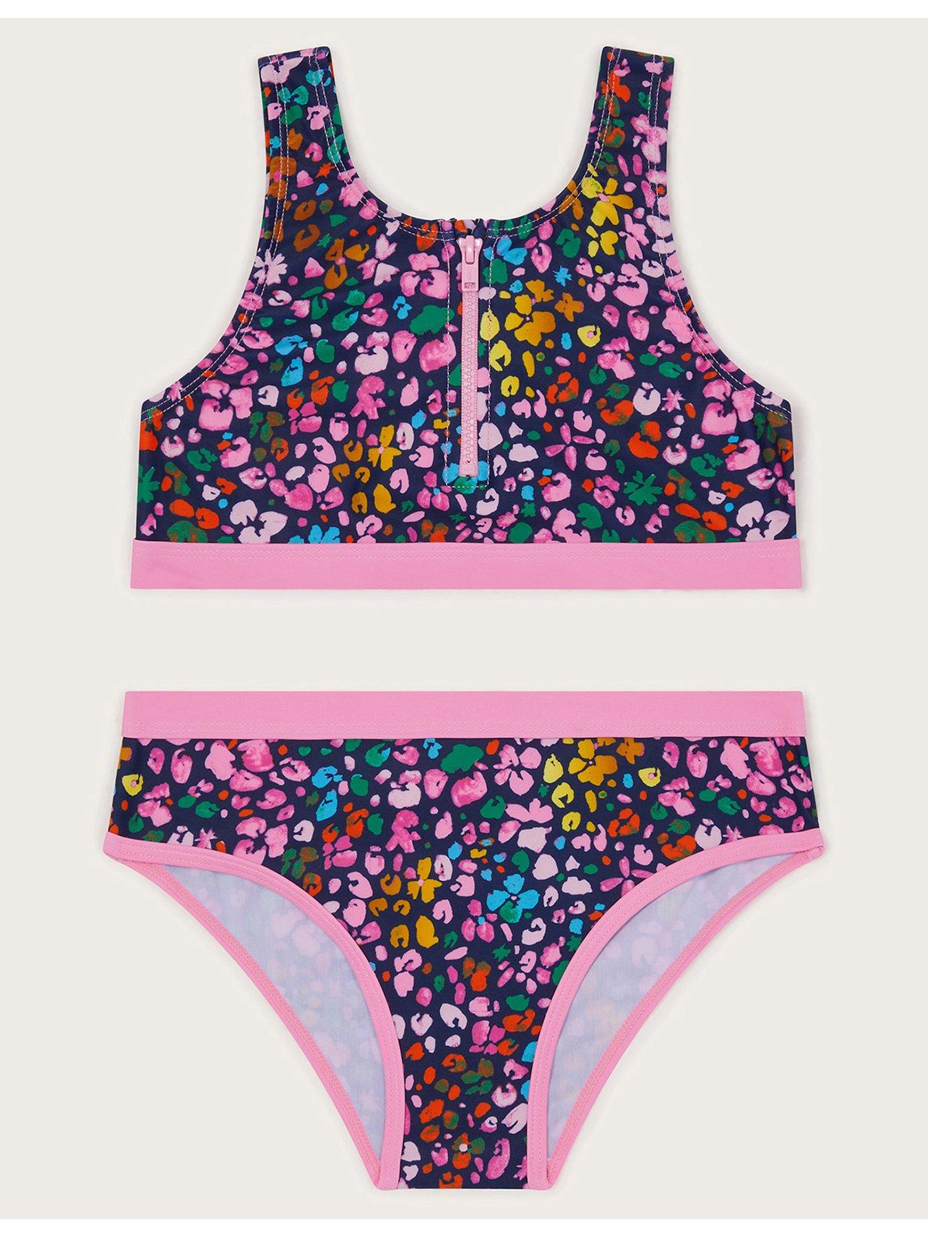 Image 1 of 3 of Monsoon Girls Leopard Print Sporty Zip-Up Bikini Set - Navy