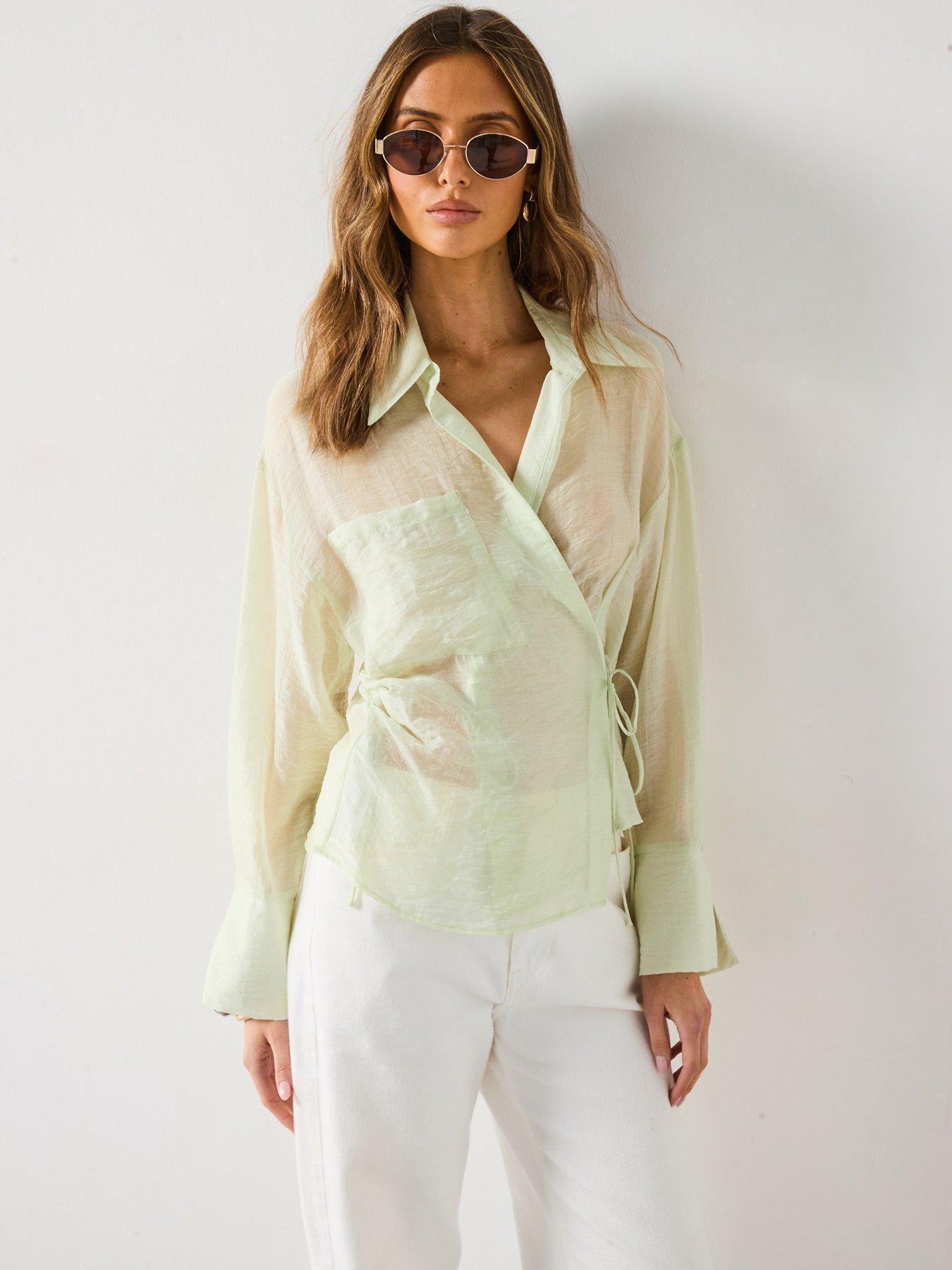 Image 1 of 6 of Mango Cross-Over Lyocell Shirt With Bow Closure - Aqua Green