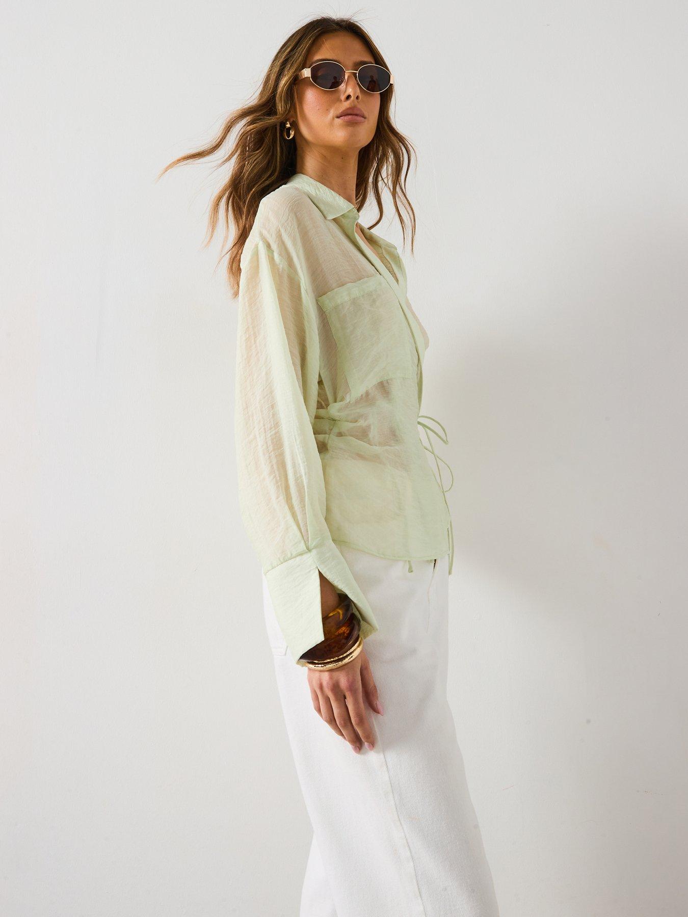 Image 5 of 6 of Mango Cross-Over Lyocell Shirt With Bow Closure - Aqua Green
