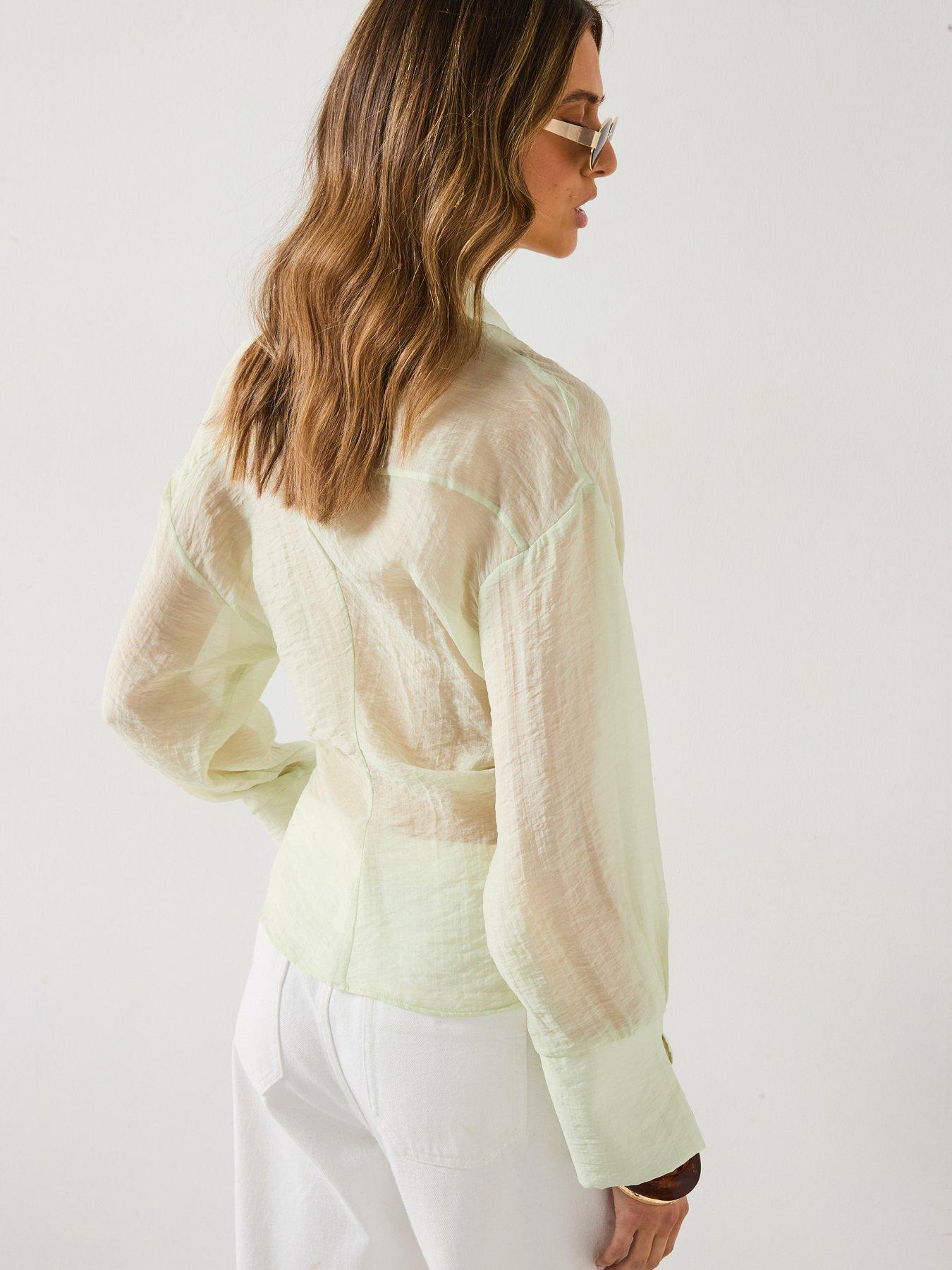 Image 6 of 6 of Mango Cross-Over Lyocell Shirt With Bow Closure - Aqua Green