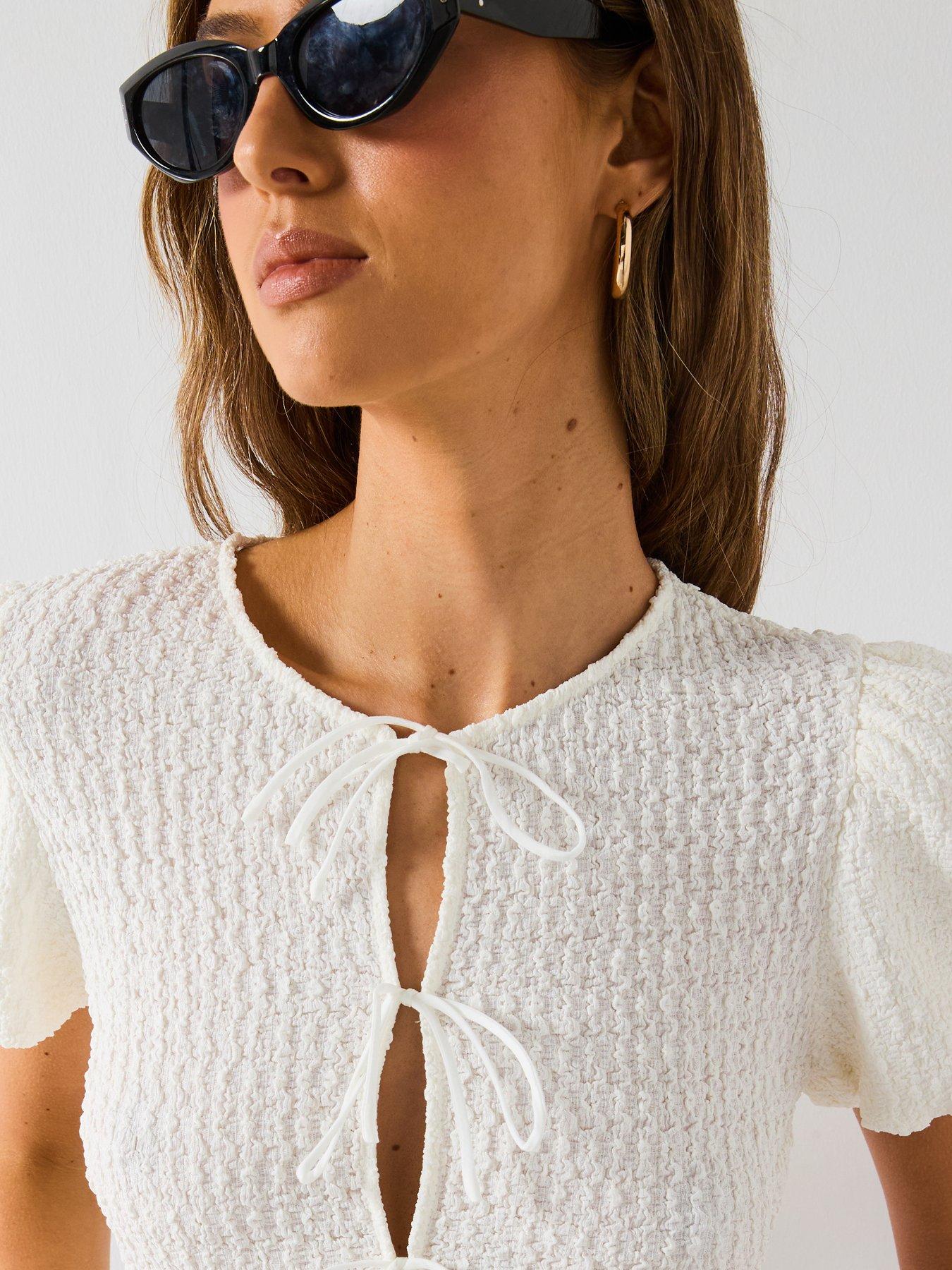 Image 4 of 6 of Mango Textured Blouse With Bow Closure - Cream