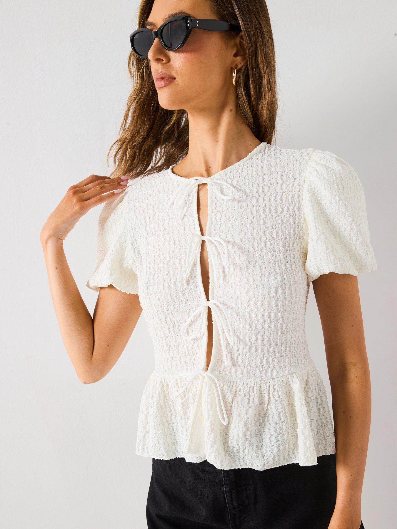 Image 6 of 6 of Mango Textured Blouse With Bow Closure - Cream
