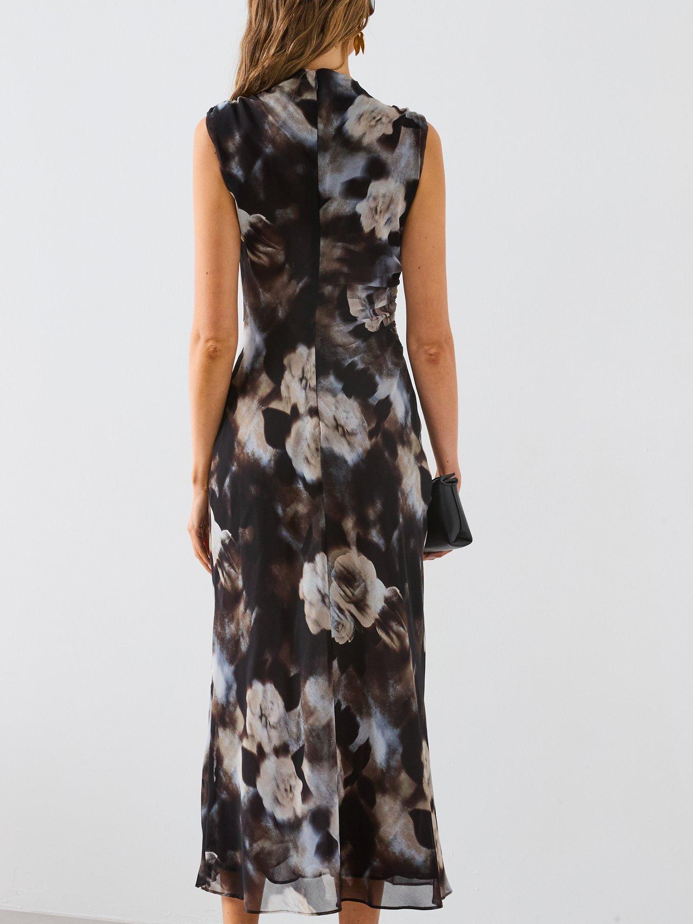 mango brown floral dress Print Draped - Featuring a round neck