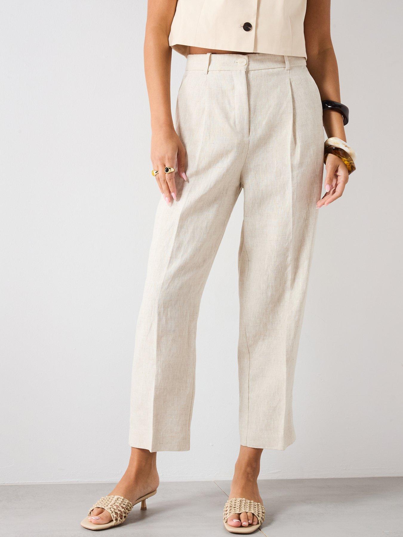 Image 1 of 5 of Mango Straight Linen Trousers With Dart Detail - Beige