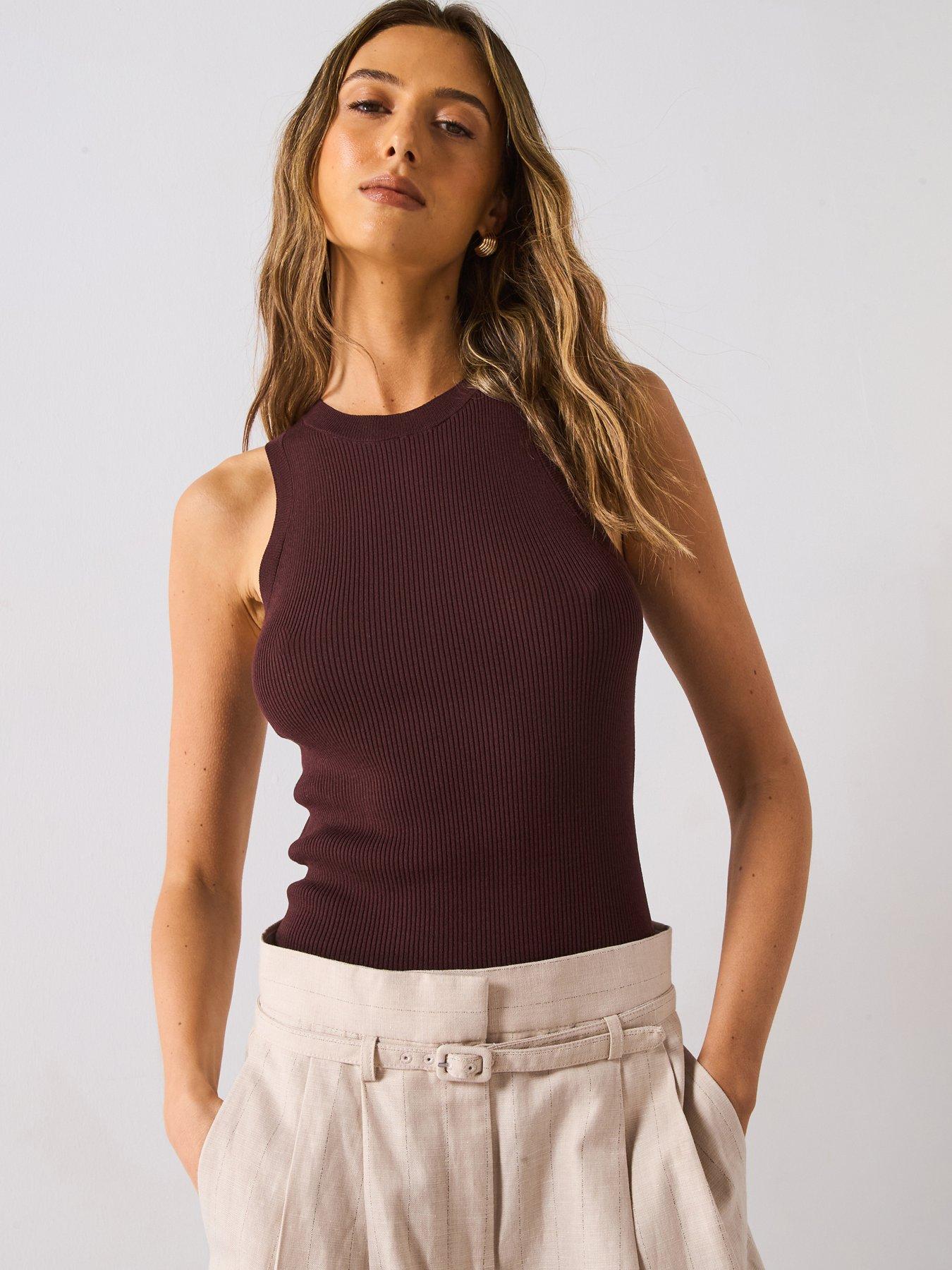 Image of Mango Ribbed Knit Top - Brown