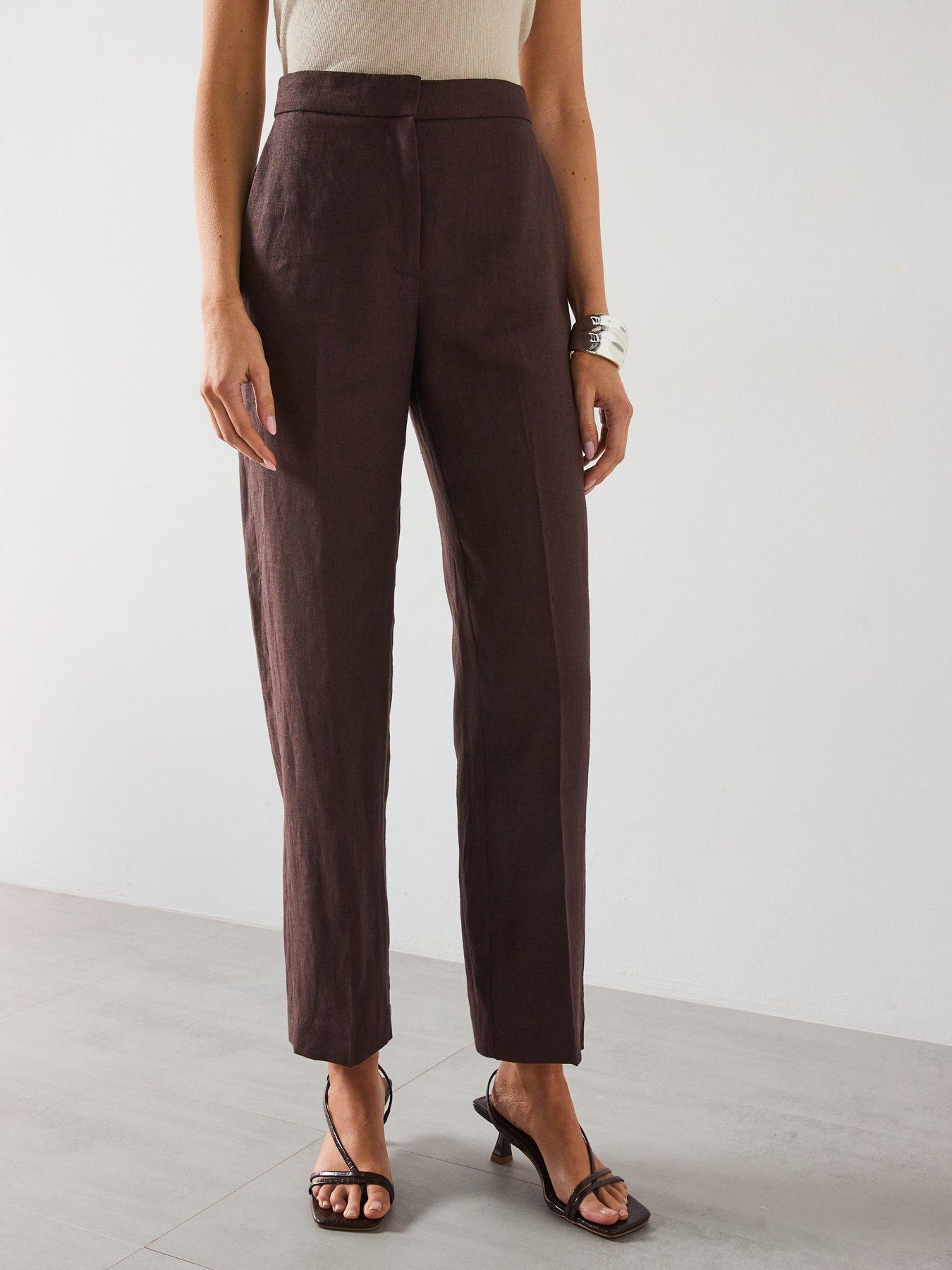 Image 1 of 6 of Mango 100% Linen Trousers - Brown