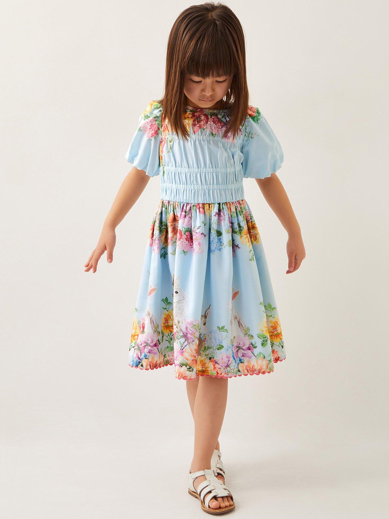 Image 1 of 4 of Monsoon Girls Floral Bunny Short Sleeve Dress - Blue