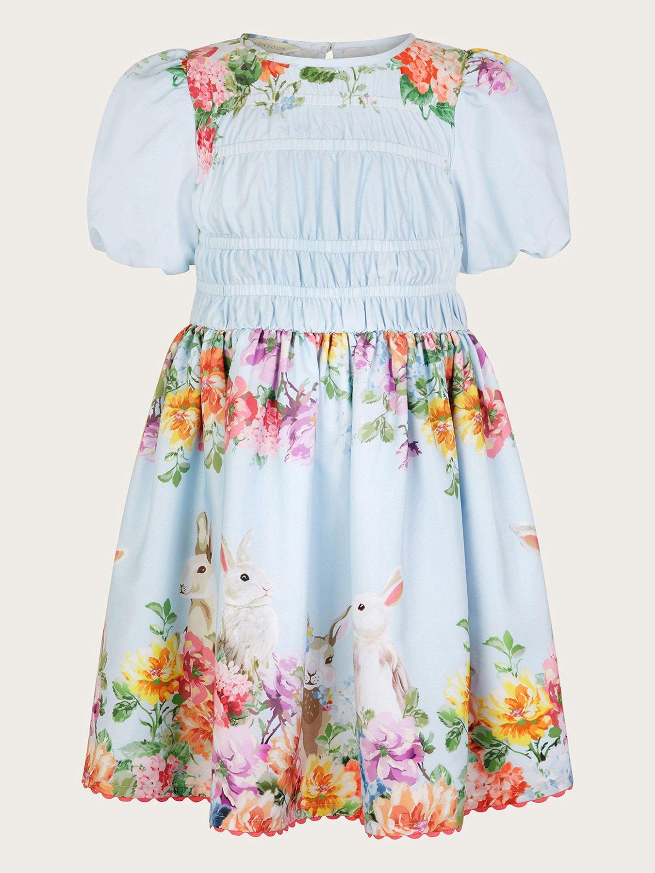 Image 2 of 4 of Monsoon Girls Floral Bunny Short Sleeve Dress - Blue