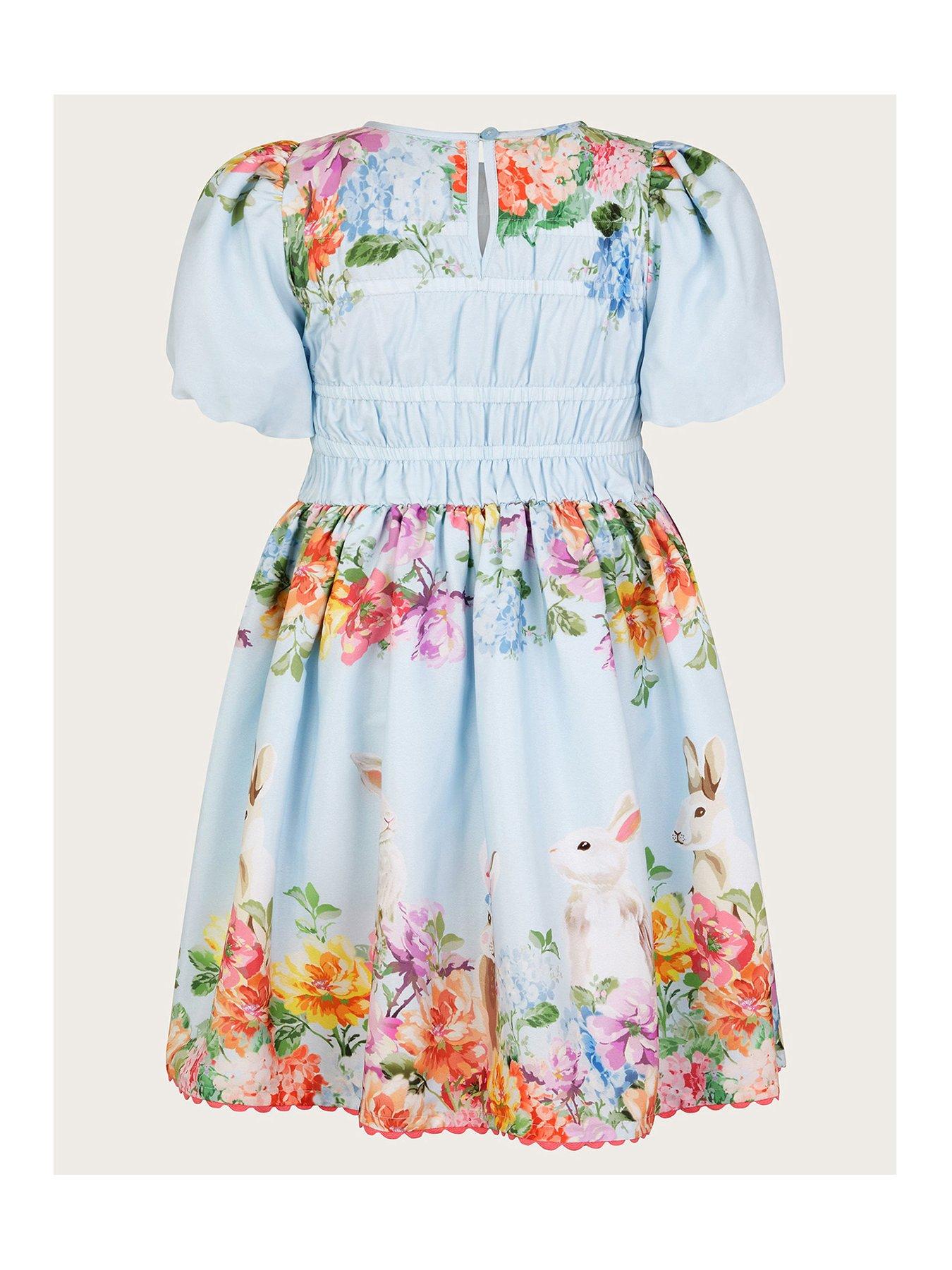 Image 3 of 4 of Monsoon Girls Floral Bunny Short Sleeve Dress - Blue