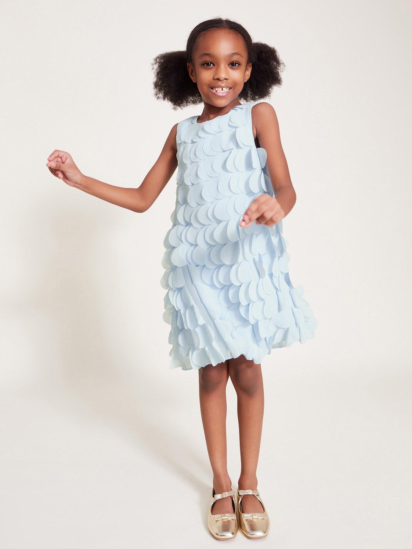 Image 1 of 4 of Monsoon Girls Jazzy Scallop Frill Shift Dress - Blue