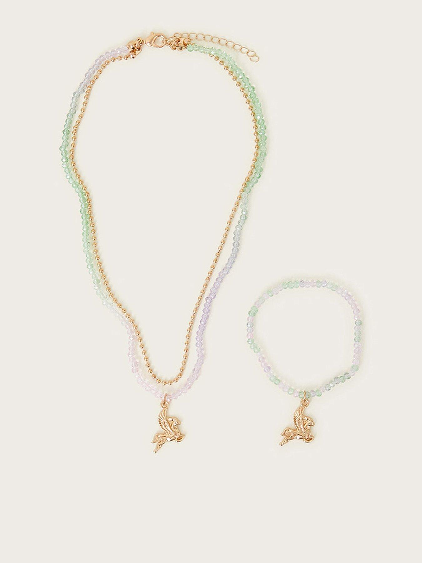 Image of Monsoon Girls Beaded Unicorn Pendant Necklace And Bracelet Set - Multi