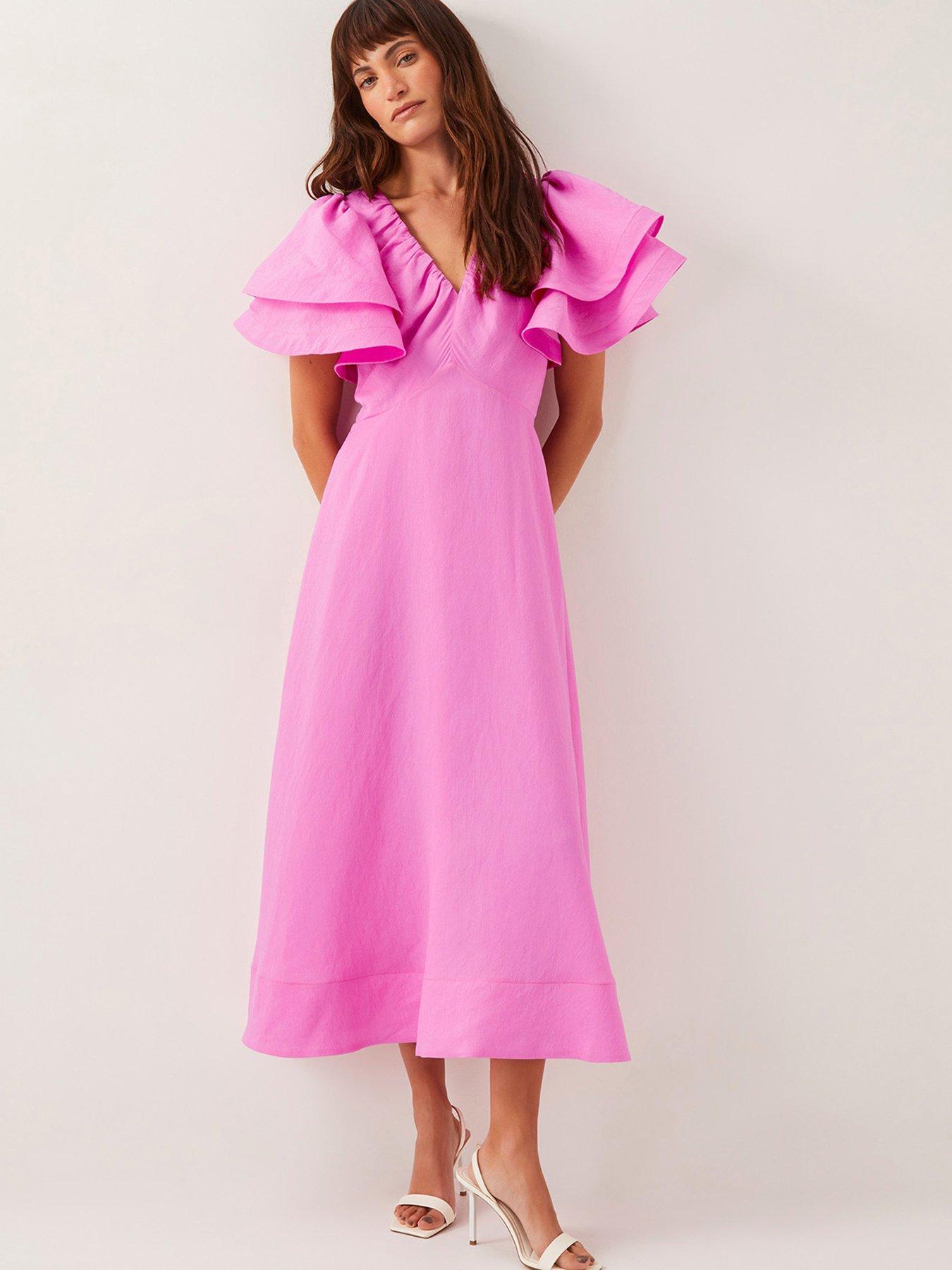 Image 1 of 5 of Monsoon Patricia Ruffle Sleeve Midi Dress - Pink