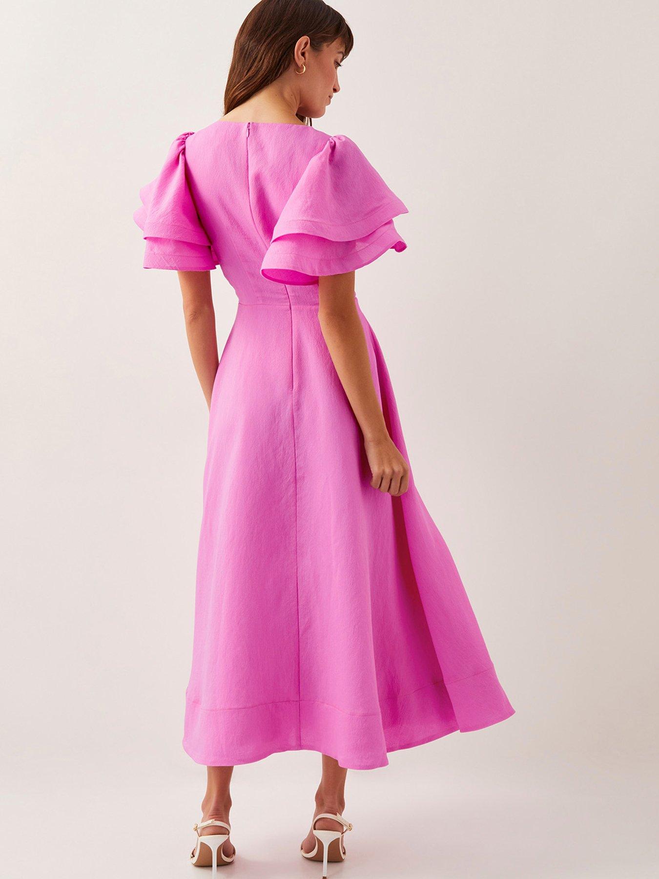 Image 2 of 5 of Monsoon Patricia Ruffle Sleeve Midi Dress - Pink