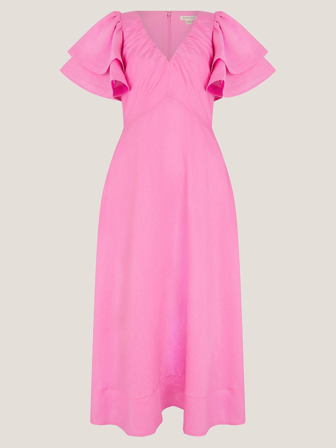 Image 3 of 5 of Monsoon Patricia Ruffle Sleeve Midi Dress - Pink