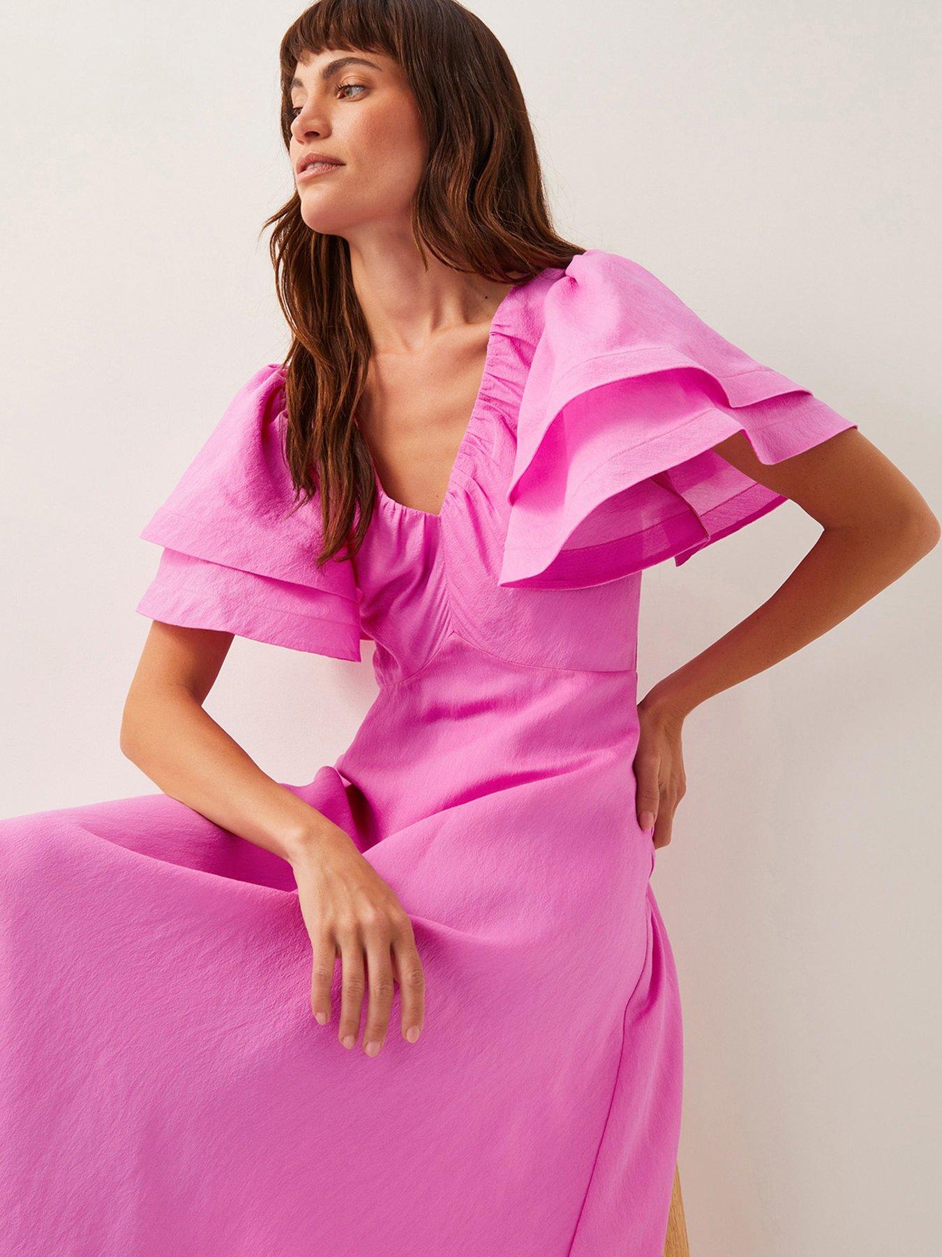 Image 4 of 5 of Monsoon Patricia Ruffle Sleeve Midi Dress - Pink