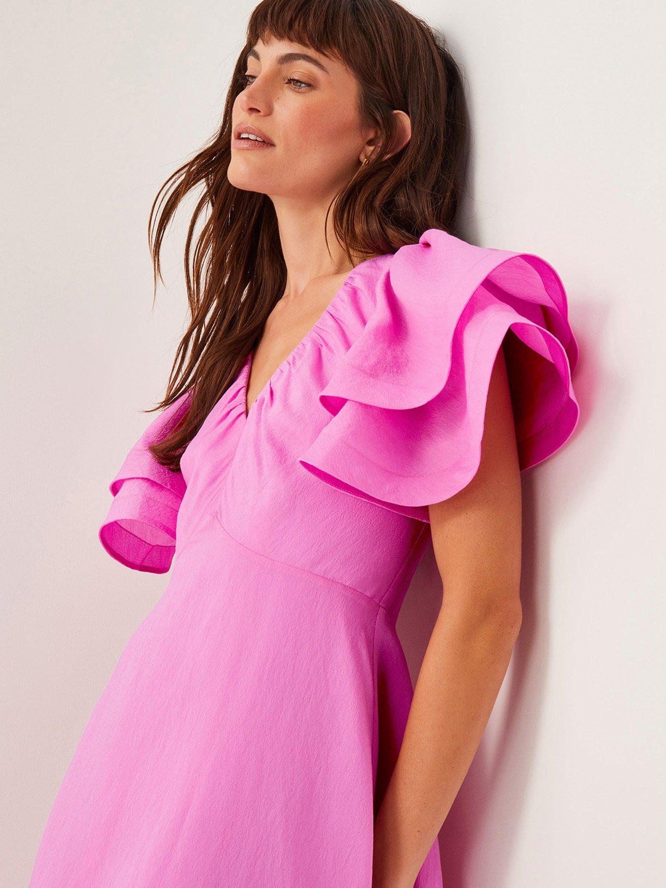 Image 5 of 5 of Monsoon Patricia Ruffle Sleeve Midi Dress - Pink