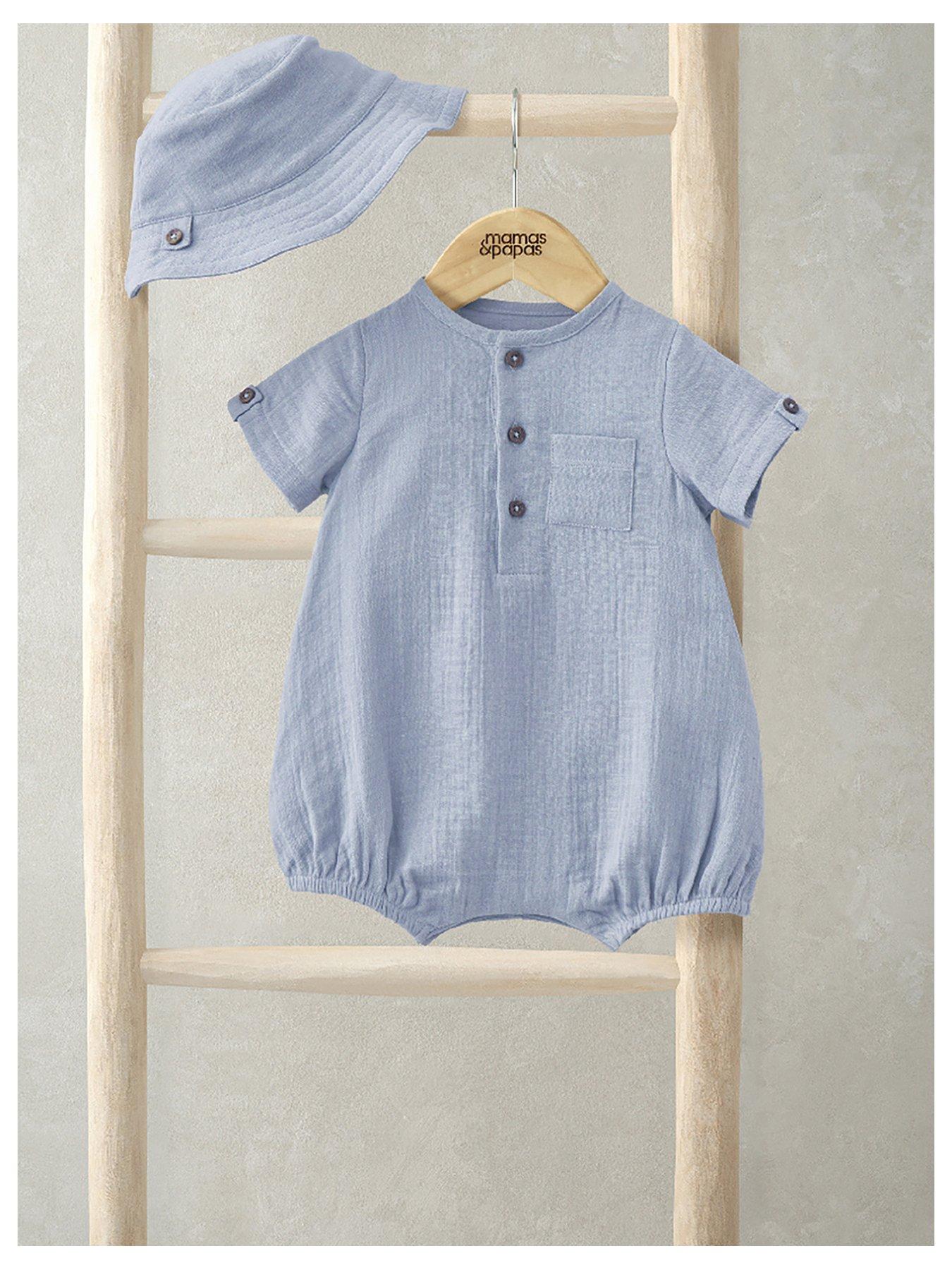 Image 1 of 4 of Mamas & Papas Baby Boys 2 Piece Patch Pocket Romper &amp; Bucket Hat Set - Blue