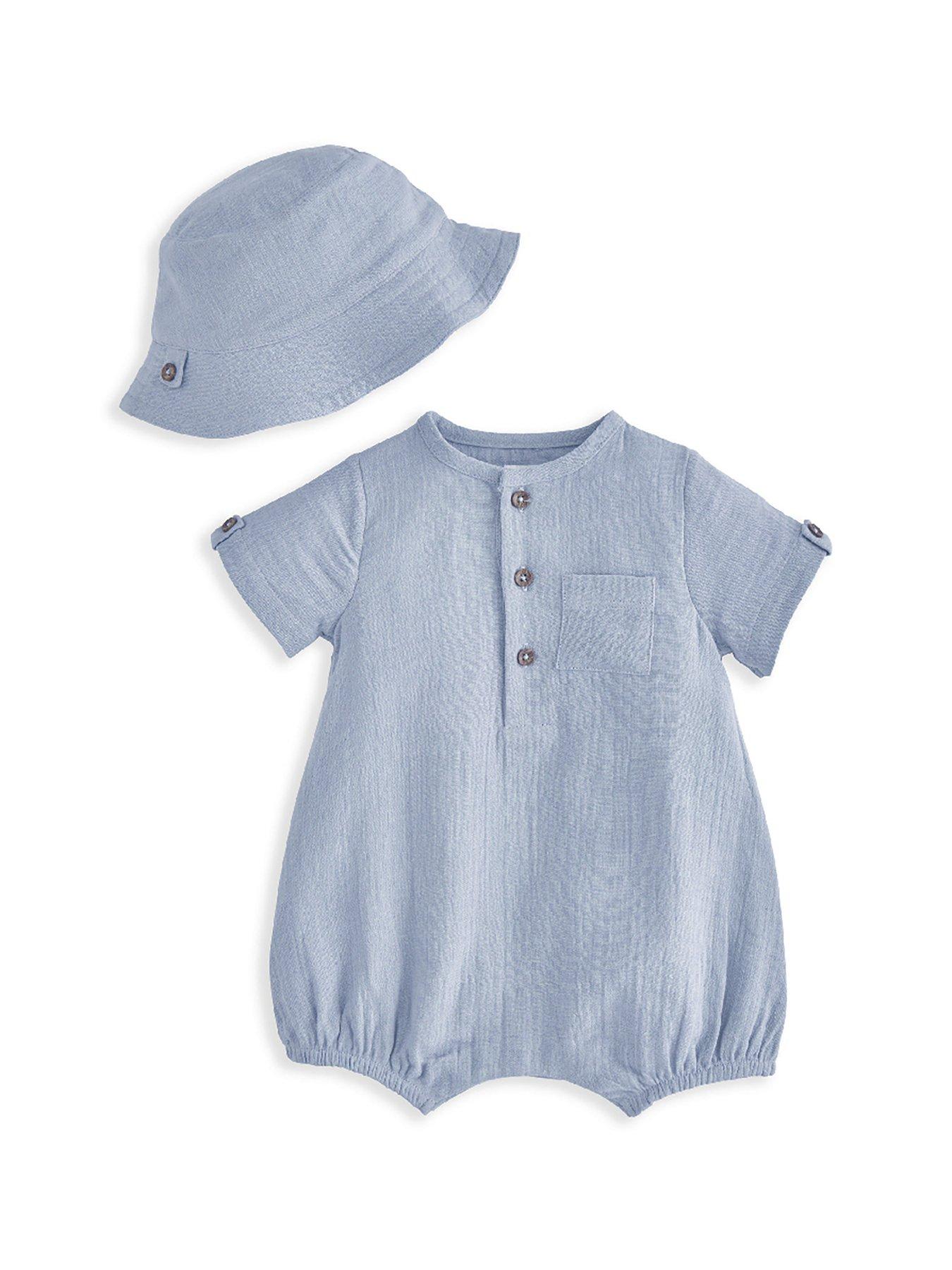 Image 2 of 4 of Mamas & Papas Baby Boys 2 Piece Patch Pocket Romper &amp; Bucket Hat Set - Blue