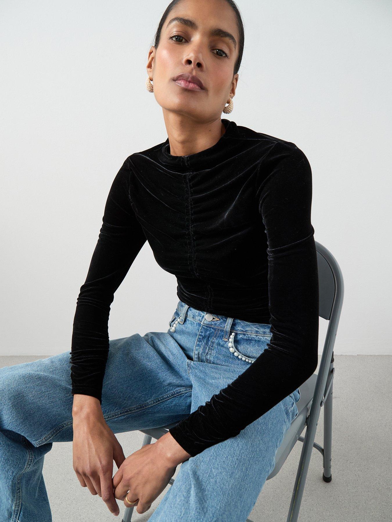 the-very-collection-ruched-front-velvet-top-black