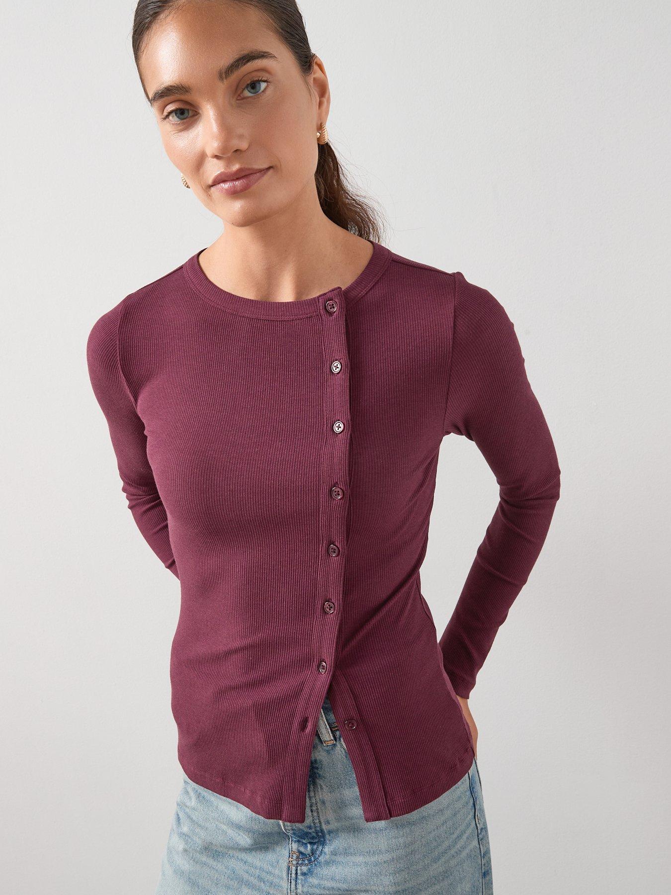 The Very Collection Long Sleeve Side Button Rib Top - Burgundy