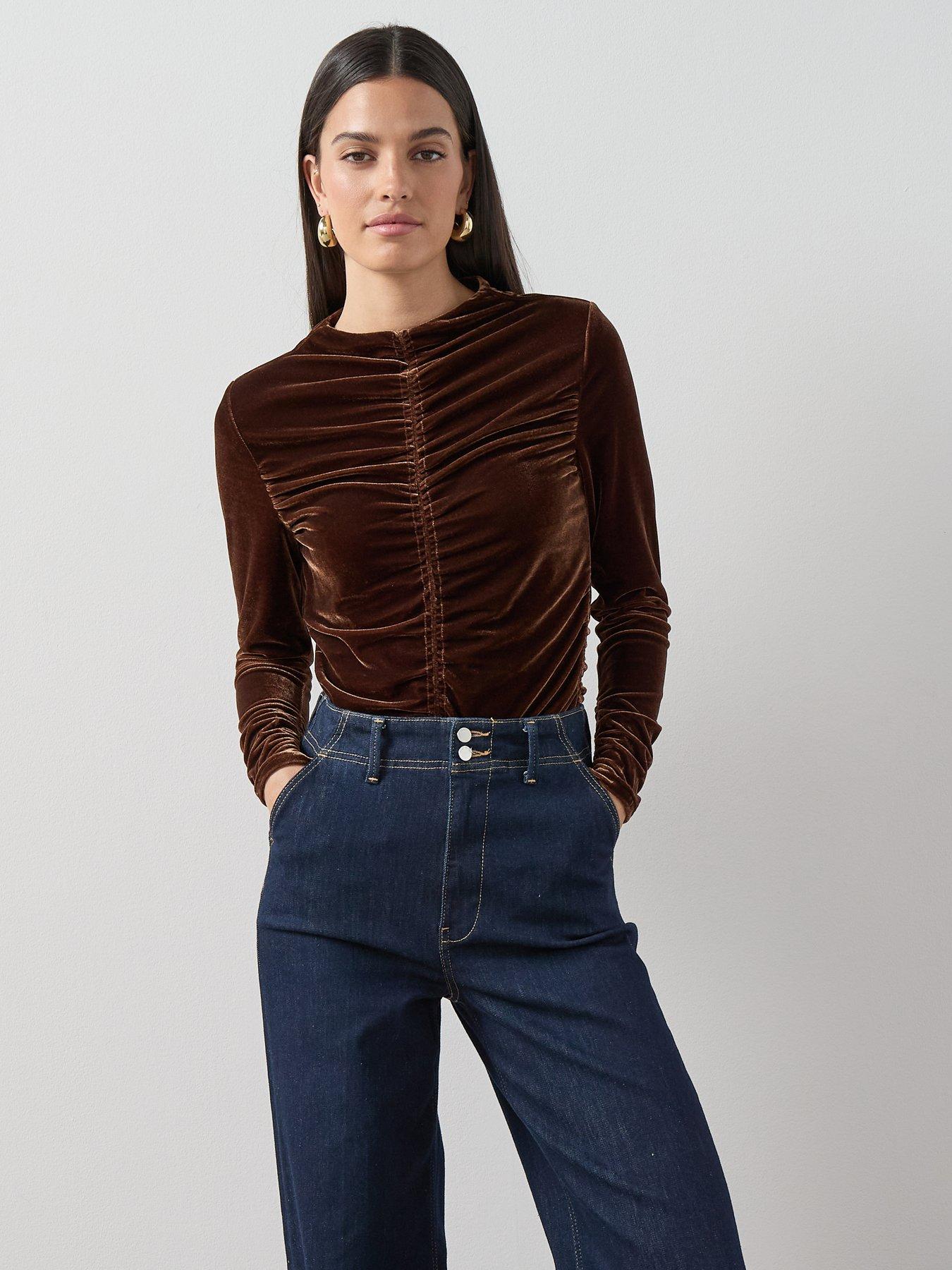the-very-collection-ruched-front-velvet-top-brownfront