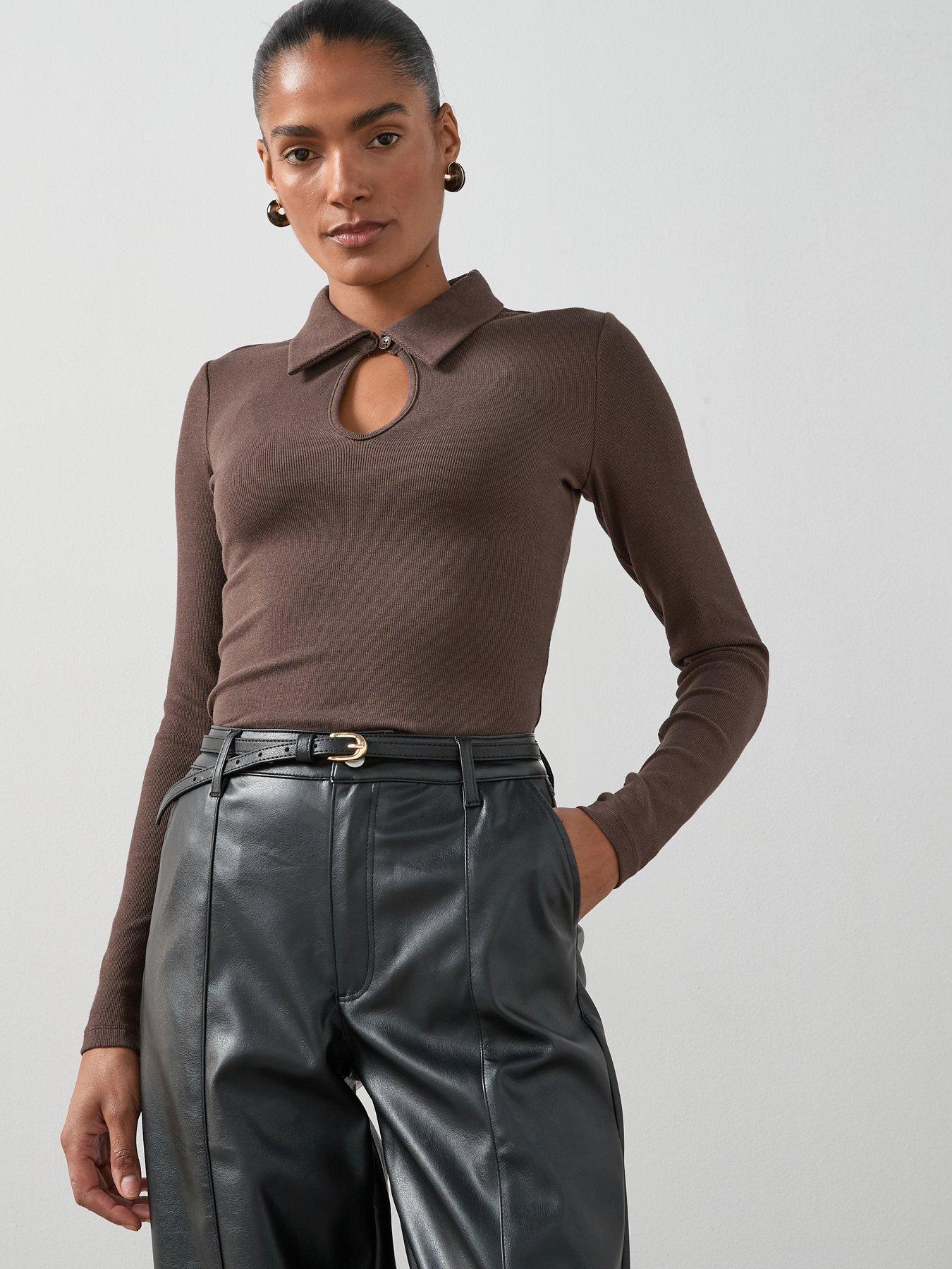 The Very Collection Long Sleeve Collar Cut Out Top - Brown