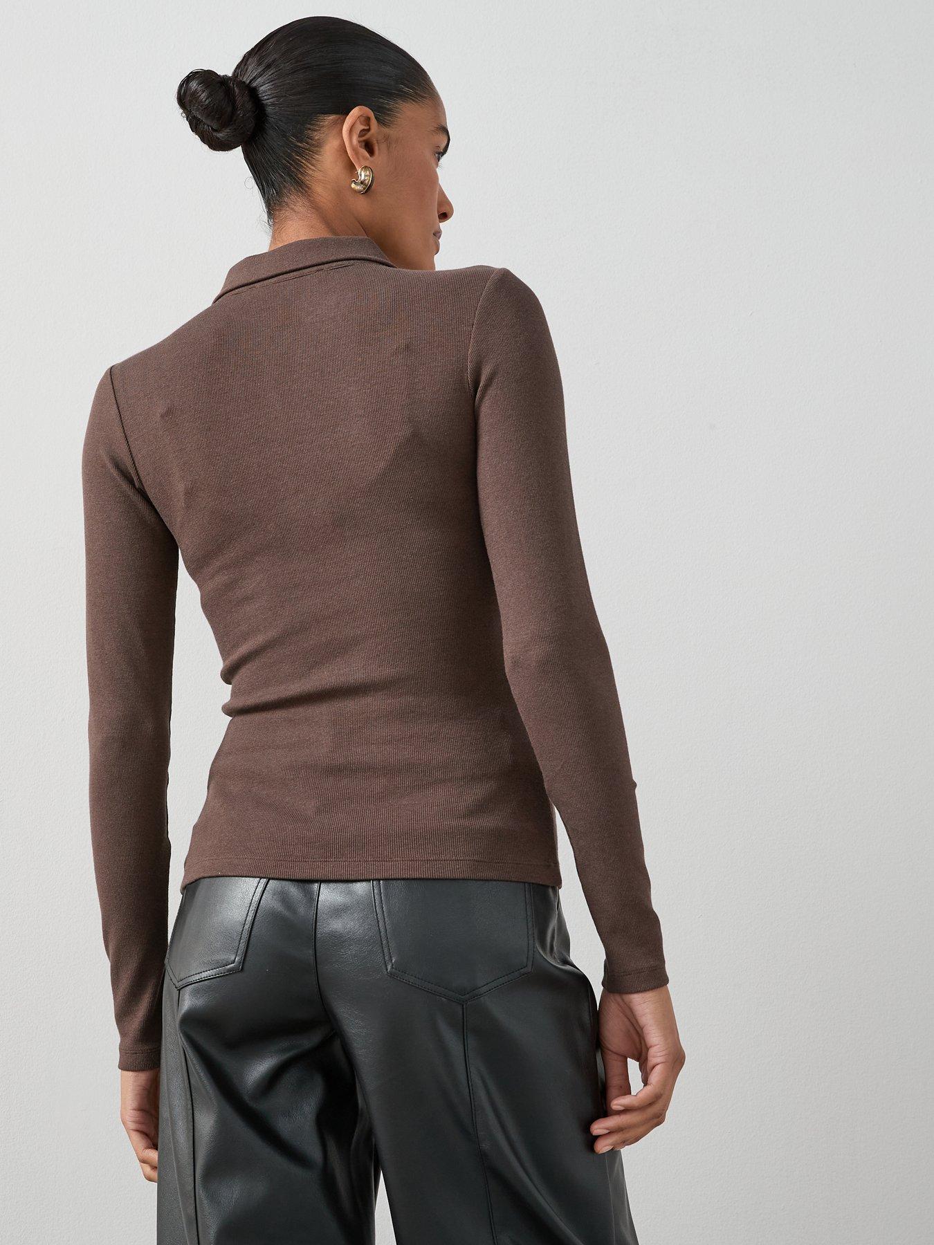the-very-collection-long-sleeve-collar-cut-out-top-brownstillFront