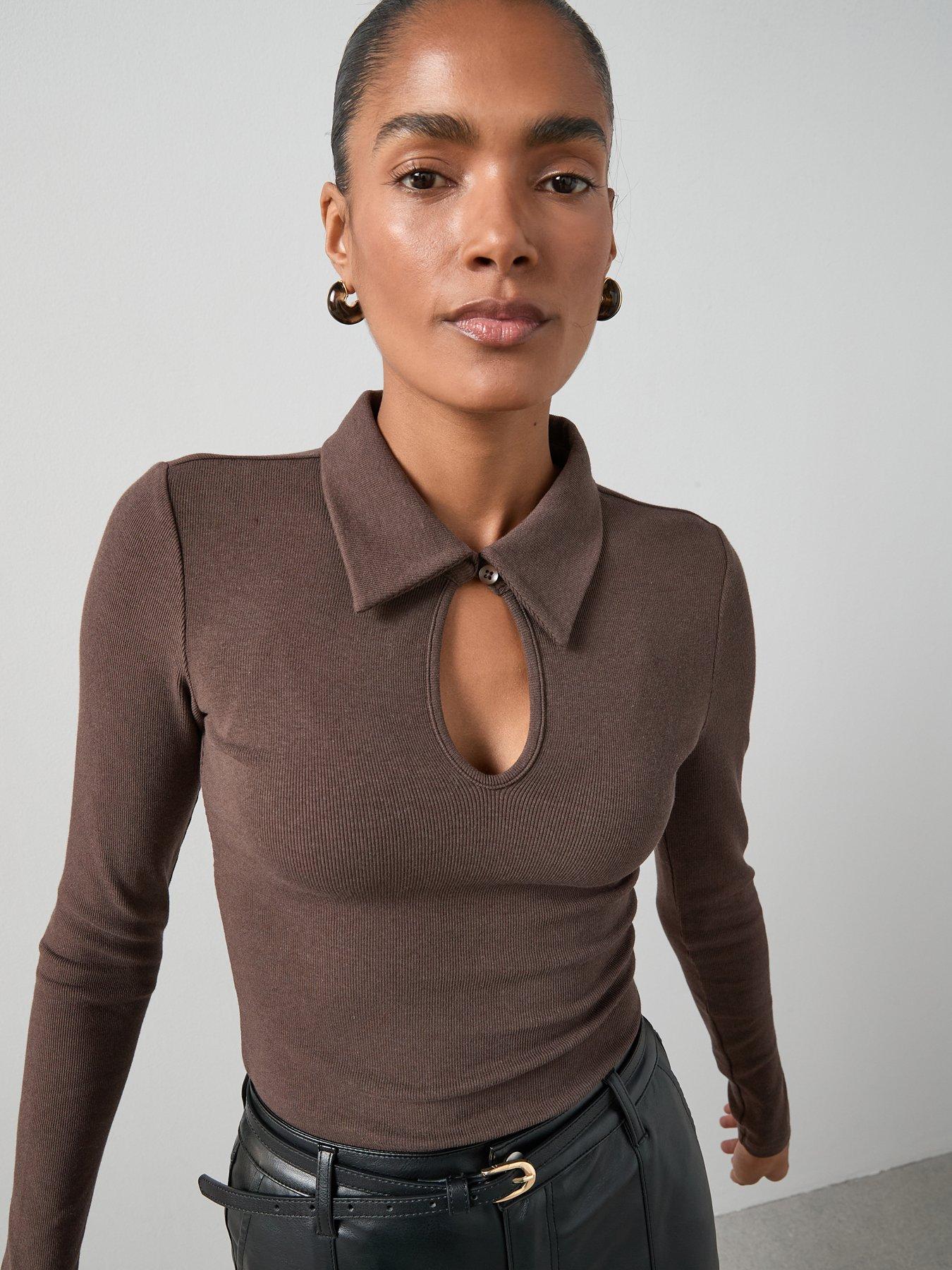 the-very-collection-long-sleeve-collar-cut-out-top-brownoutfit