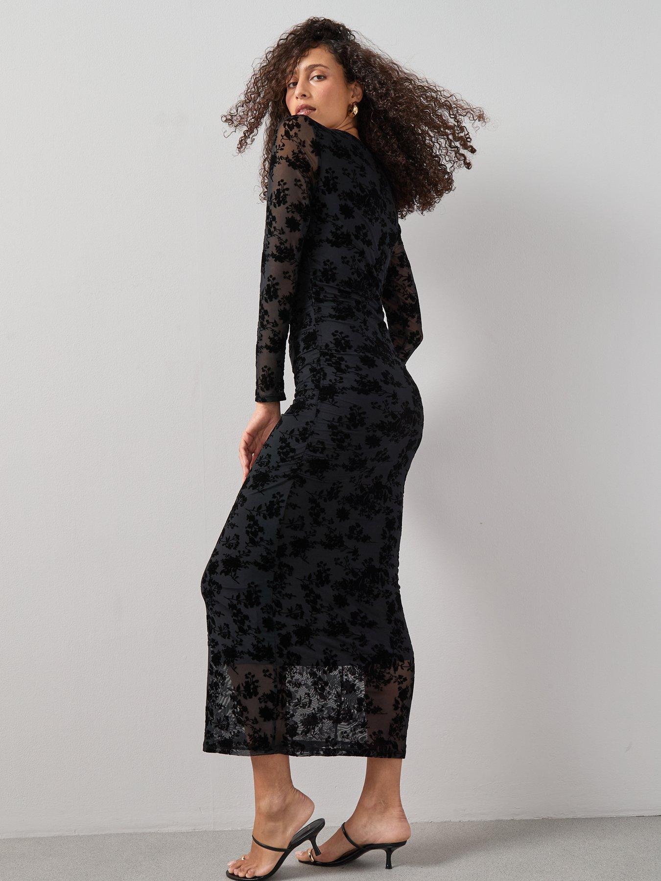 the-very-collection-floral-flock-mesh-midaxi-dressnbsp--blackstillFront