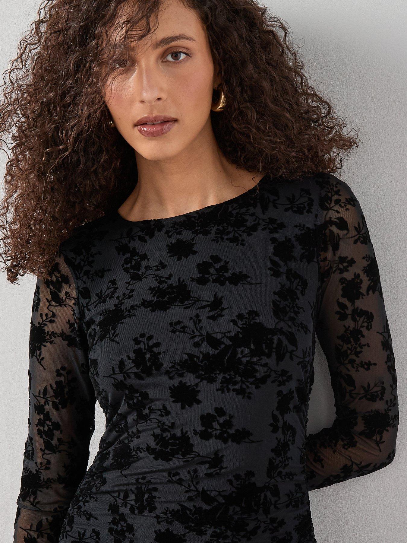 the-very-collection-floral-flock-mesh-midaxi-dressnbsp--blackdetail