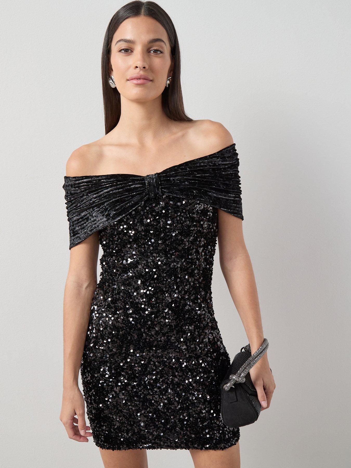 The Very Collection Velvet Off Shoulder Sequin Dress - Black