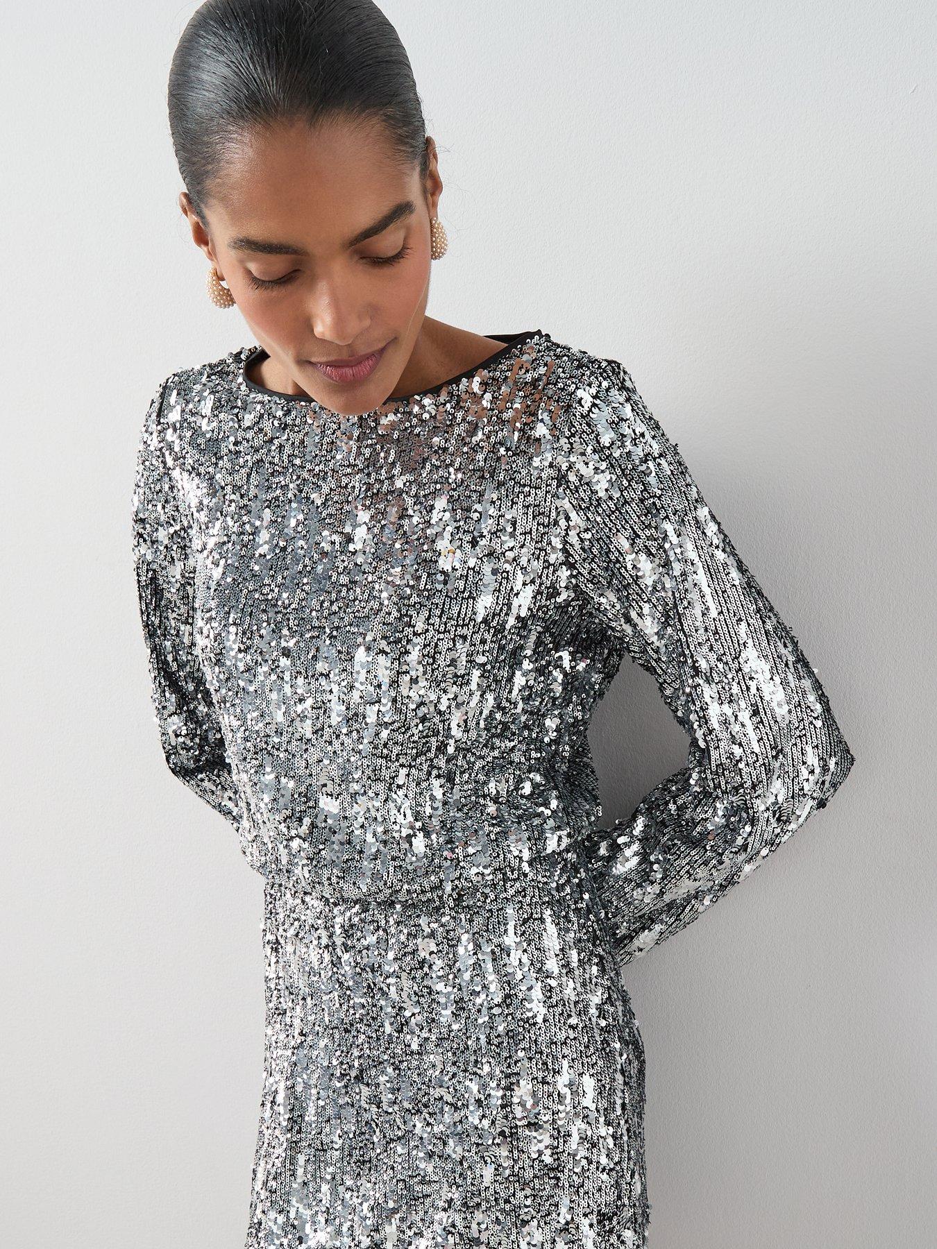 Image 4 of 7 of The Very Collection Sequin Long Sleeve Mini Dress - Silver