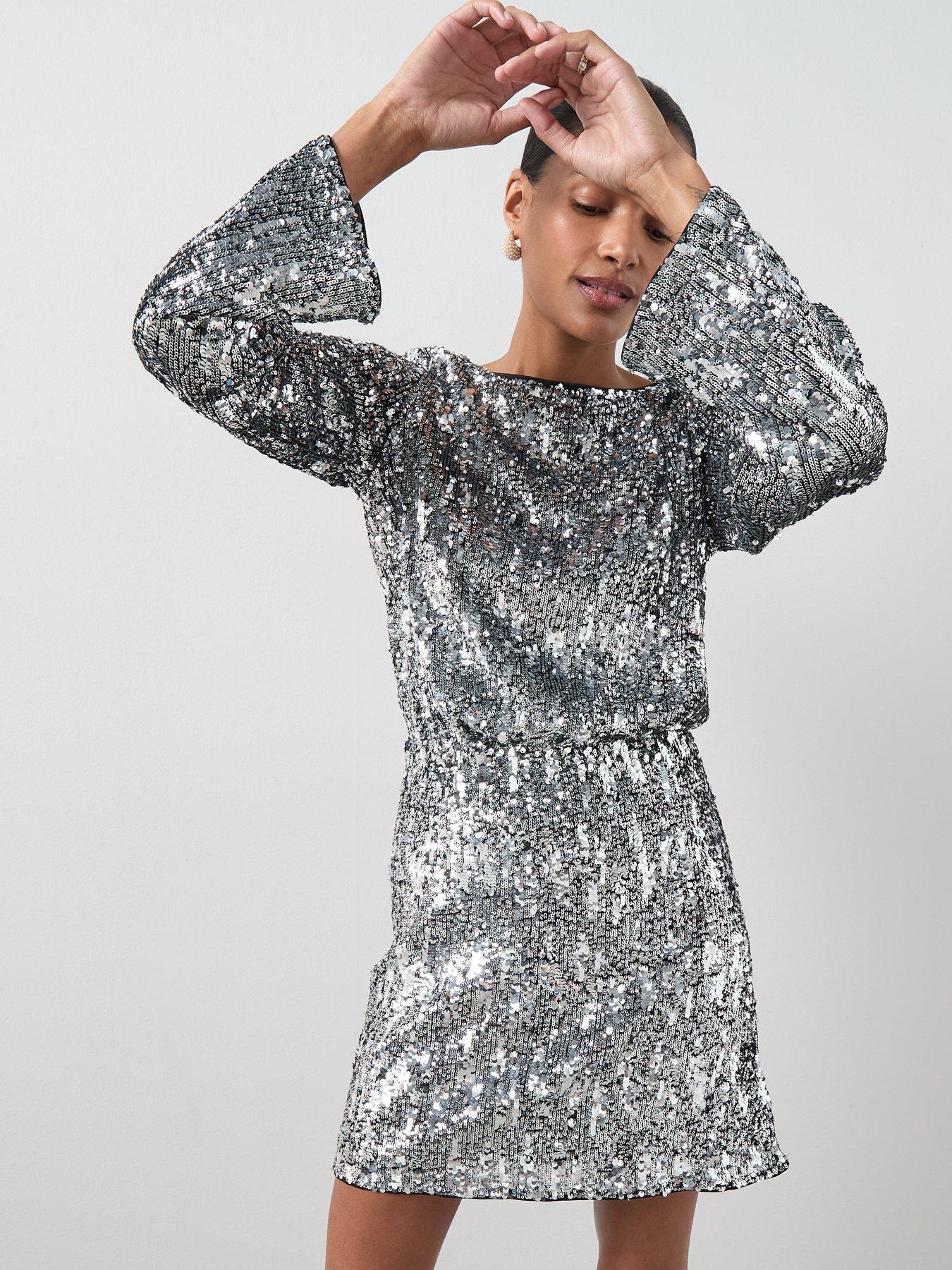 Image 6 of 7 of The Very Collection Sequin Long Sleeve Mini Dress - Silver